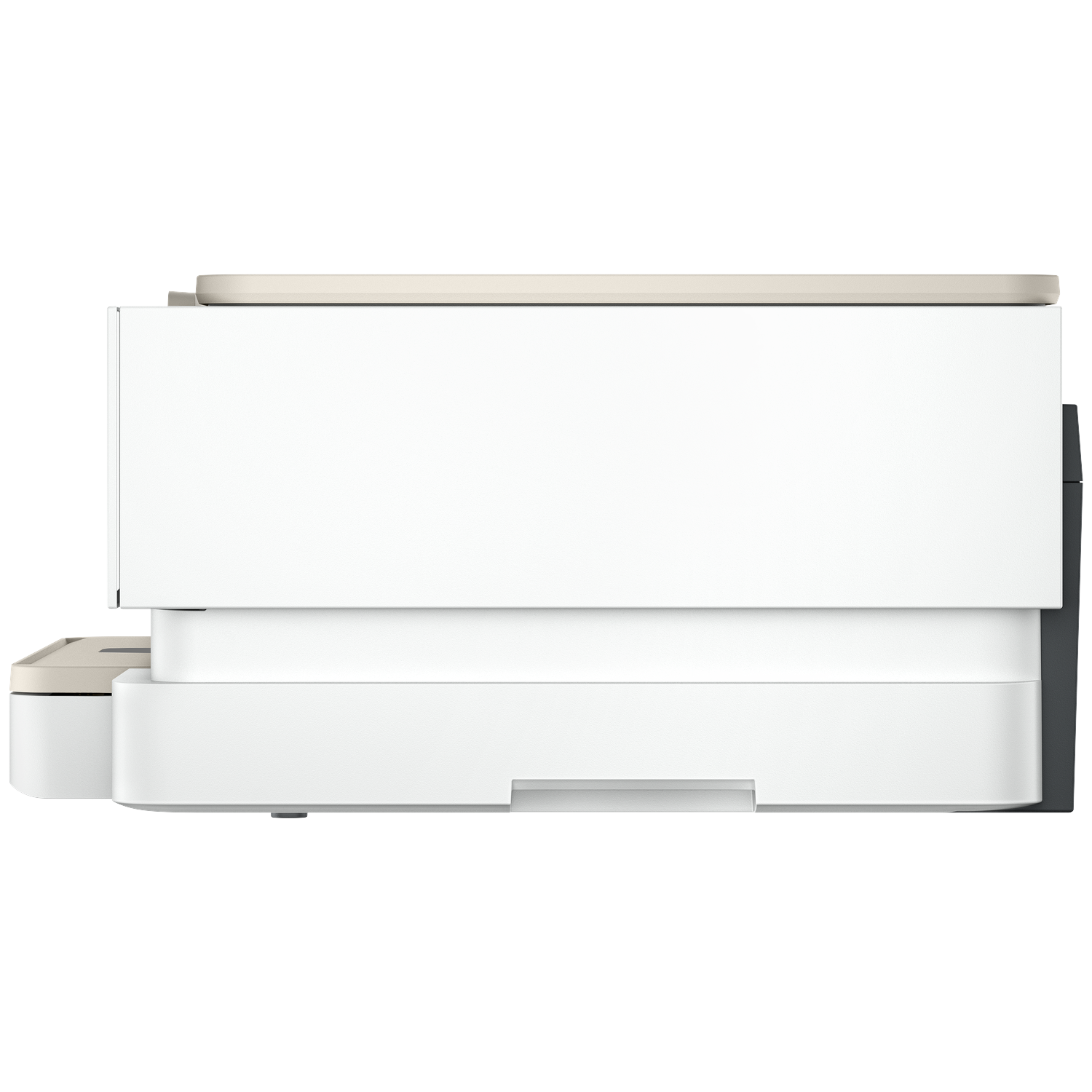 A white printer with a beige top and a dark gray side panel. It is seen from a side view.