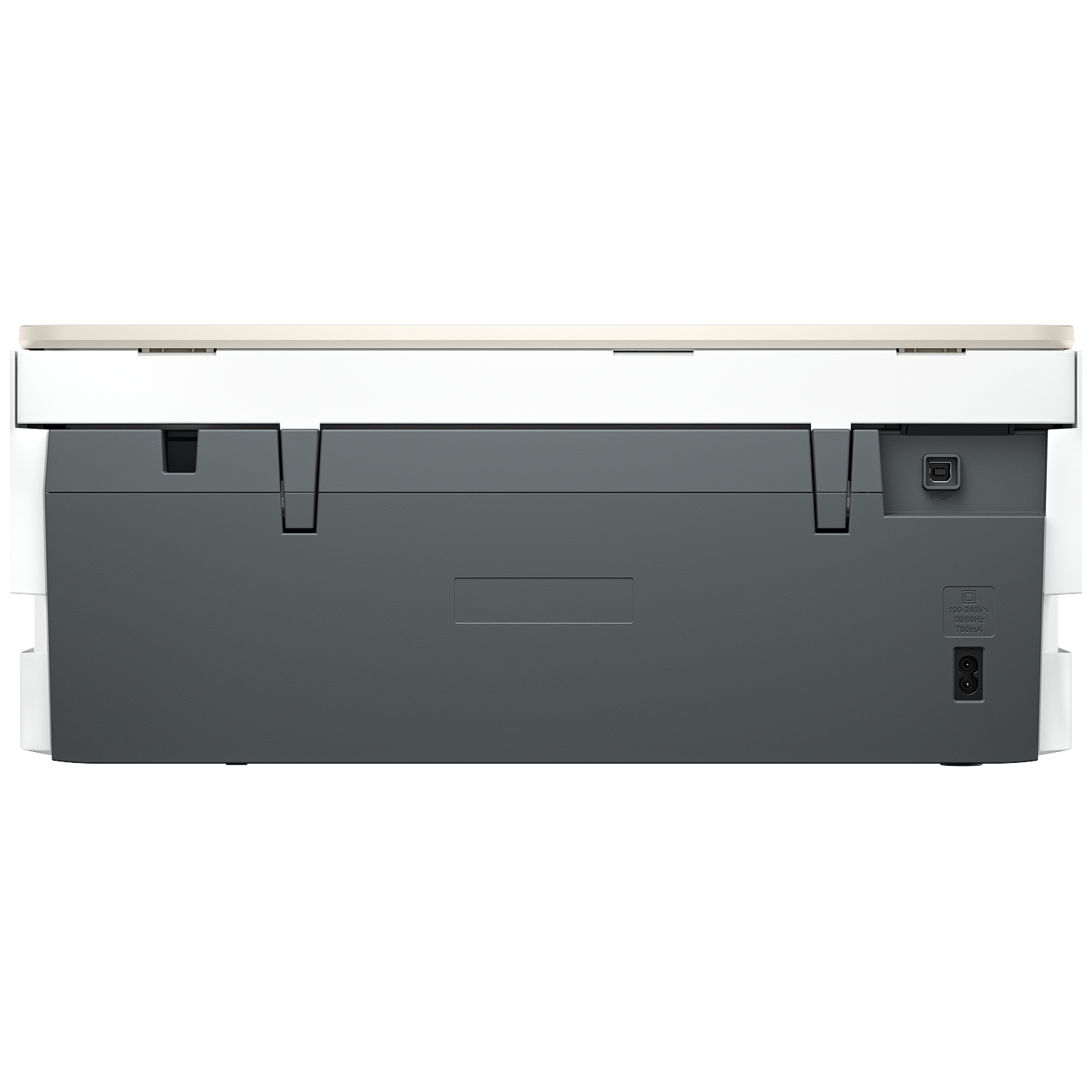 The back of a printer. It is white and gray, with a power port, USB port, and other connection areas.