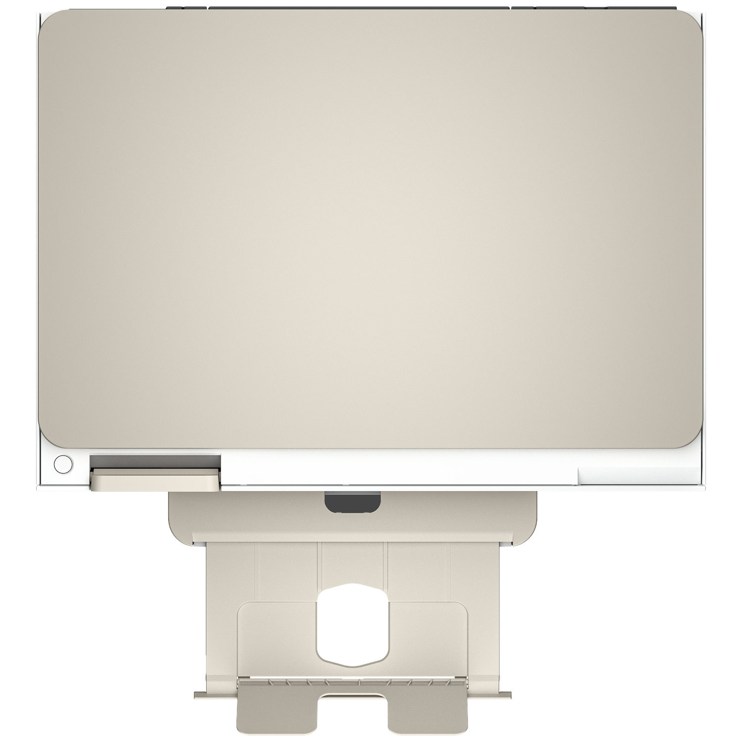 Top view of a beige printer, showing paper tray and top surface. White and black accents are visible. Isolated on a white background.