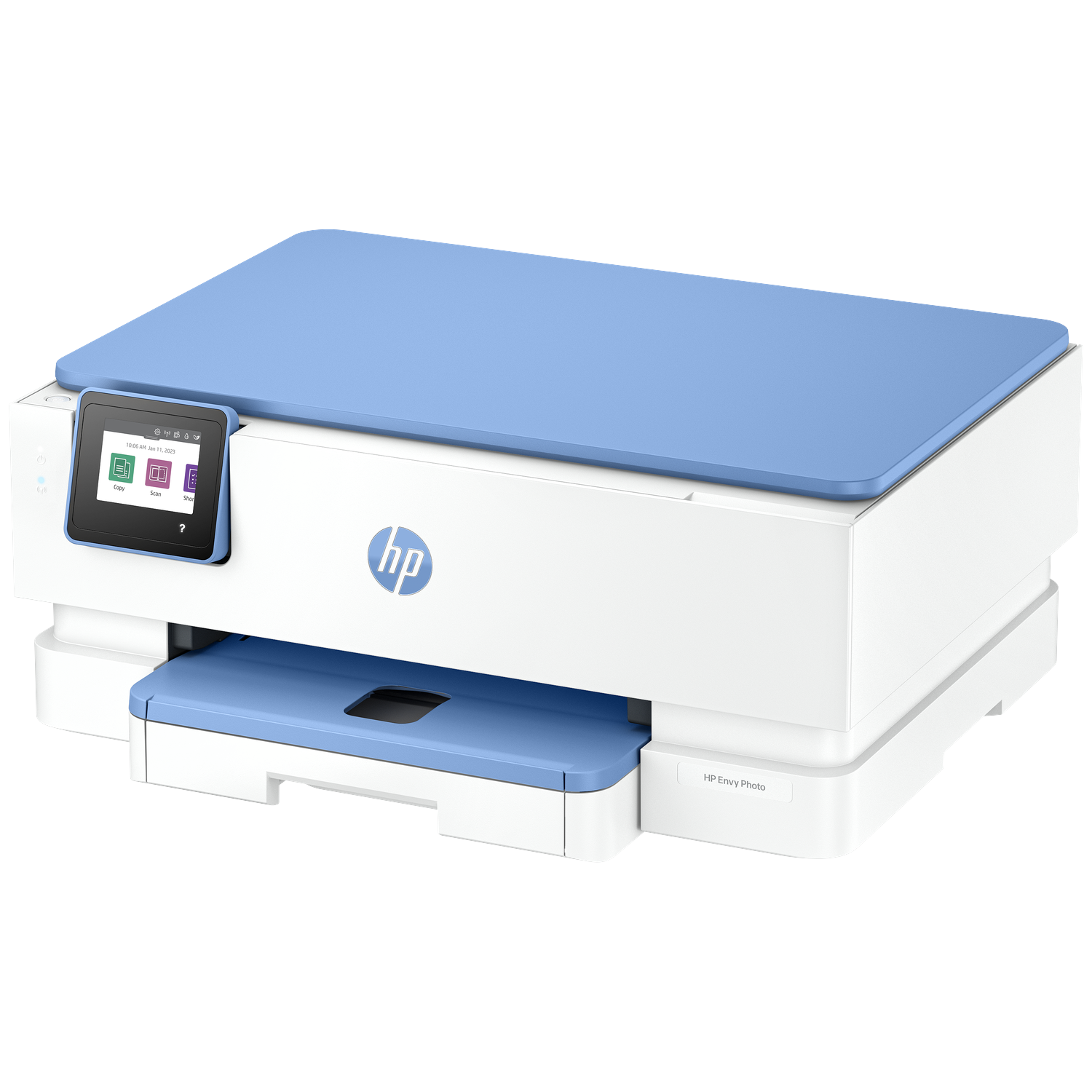 Een HP Envy Photo printer. Het heeft een lichtblauwe bovenkant en papierlade. De printer is wit met een klein scherm.