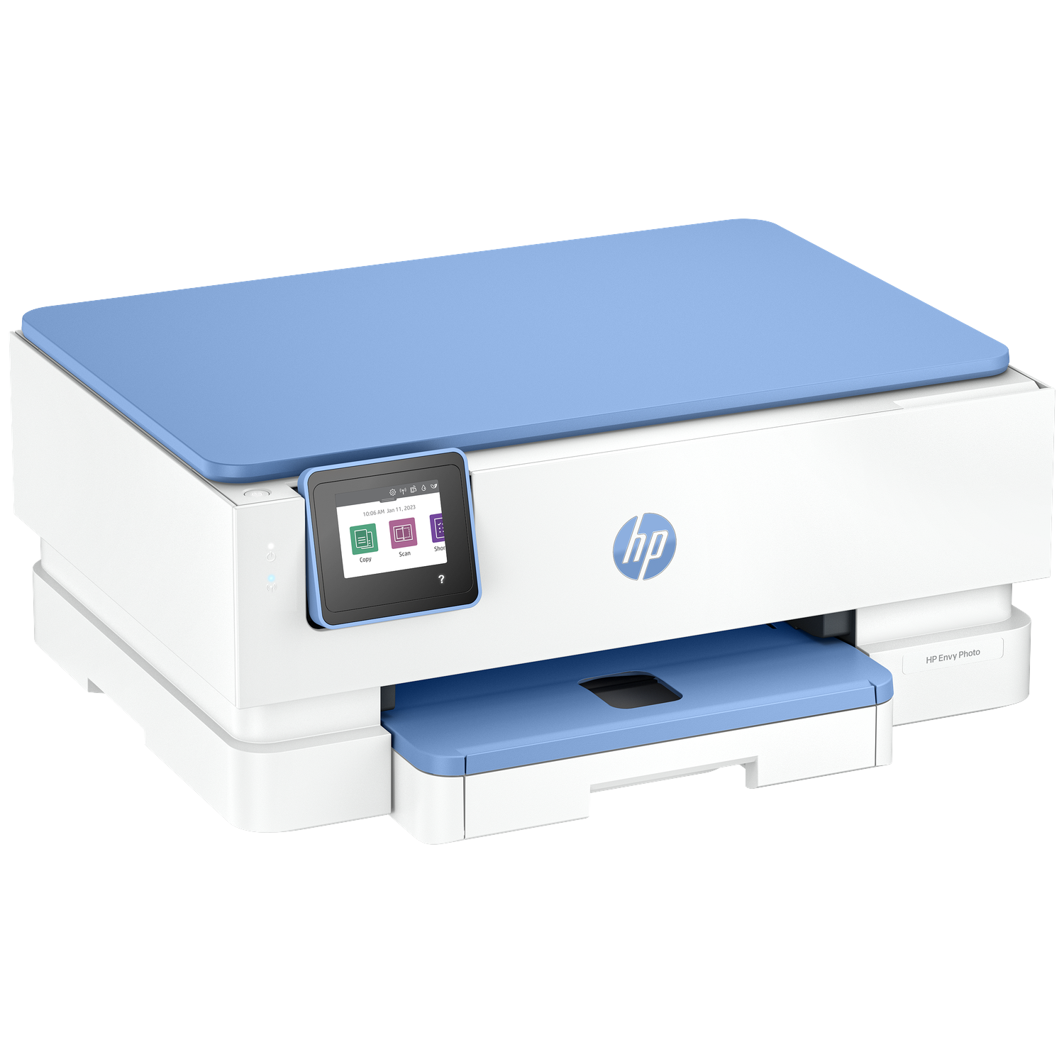 Een HP Envy Photo printer met een lichtblauwe bovenkant en papierlade. Het heeft een touchscreen en het HP-logo.