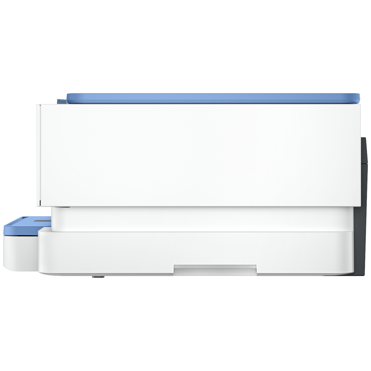 Een witte printer met een blauwe bovenkant en accenten. De printer heeft een papierlade en een donkergrijze zijpaneel. De achtergrond is wit.