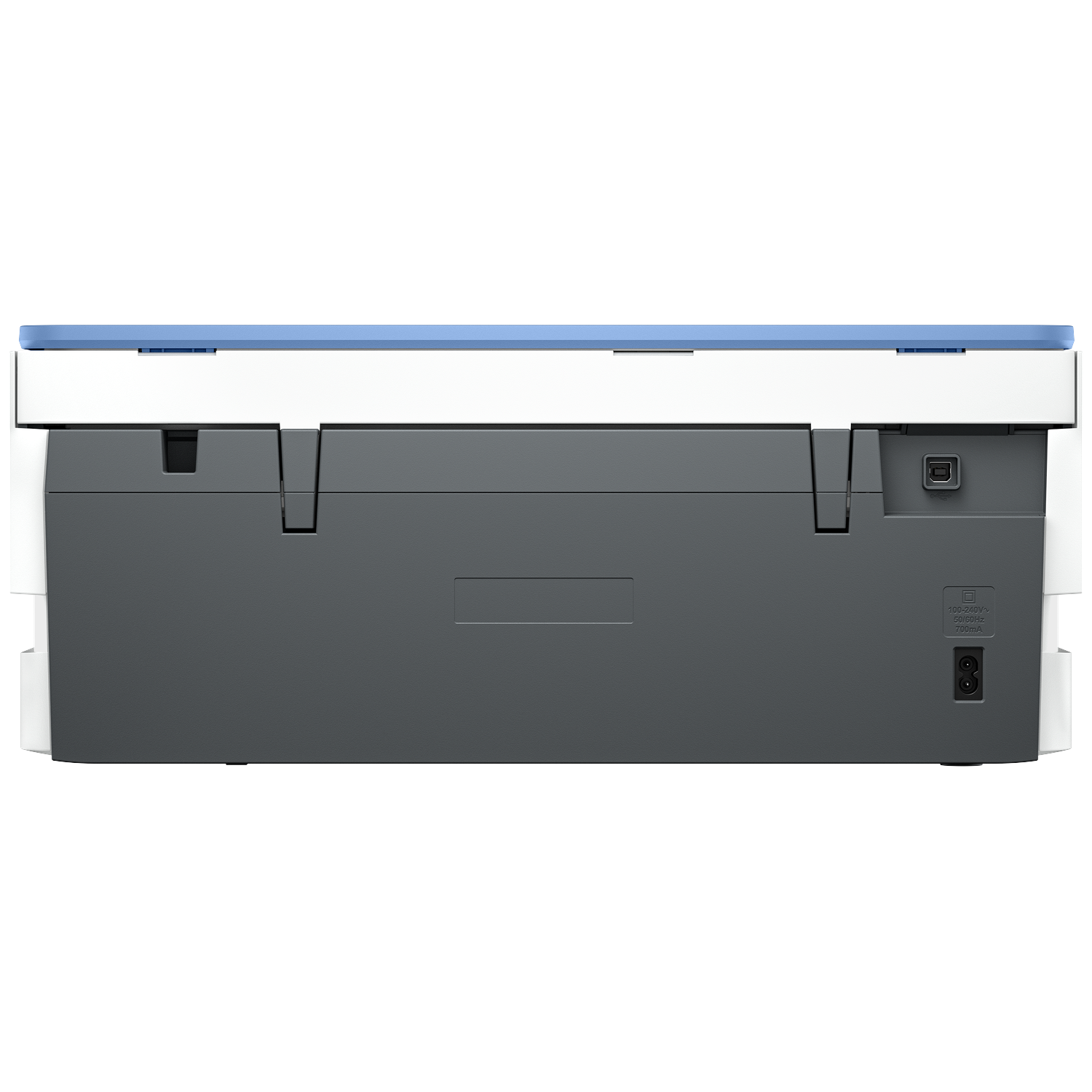 De achterkant van een printer. Het is wit, grijs en blauw. Het heeft een USB-poort, een voedingspoort en andere aansluitpunten.