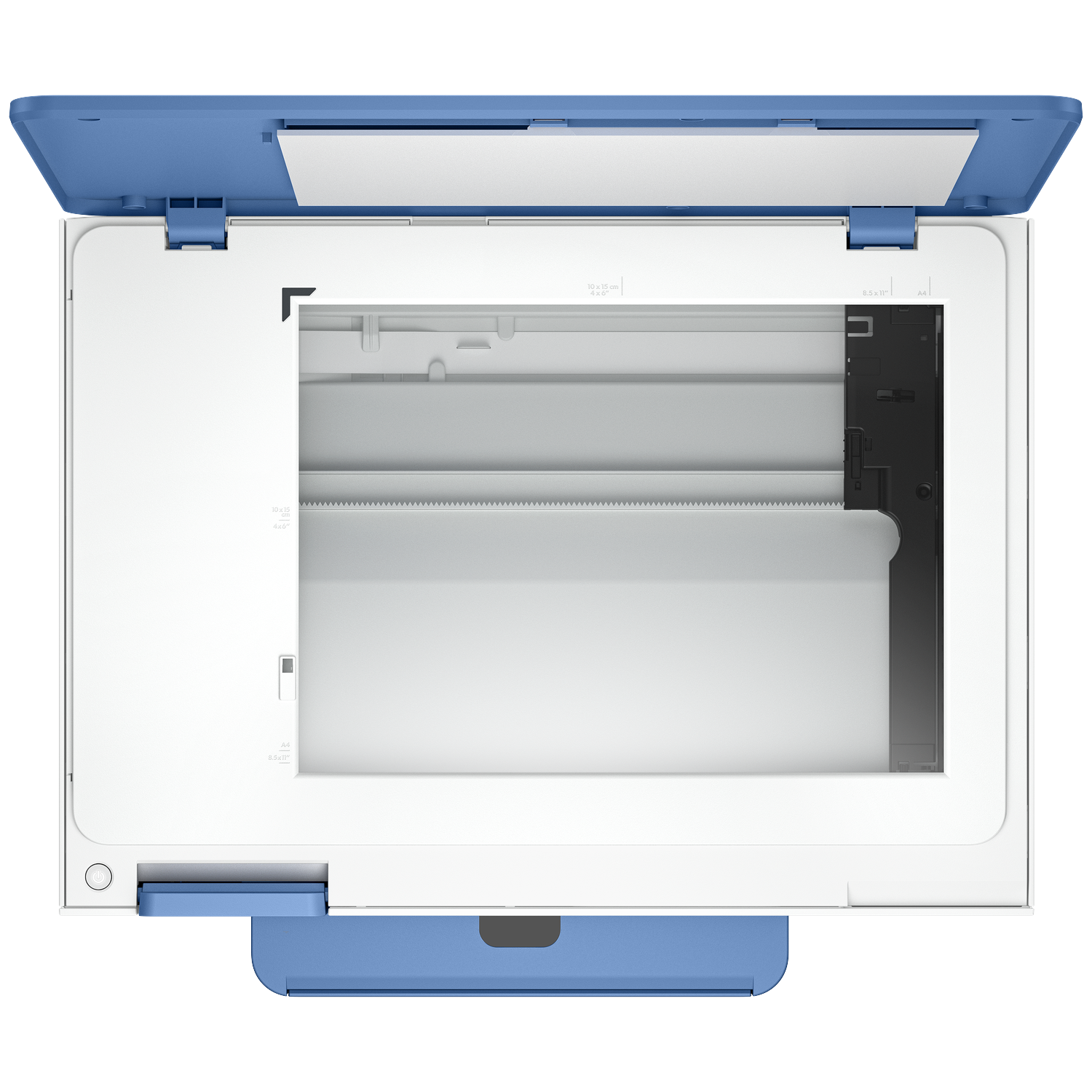 Bovenaanzicht van een witte en blauwe scanner met open deksel. De scannerbed is zichtbaar, met gemarkeerde afmetingen.
