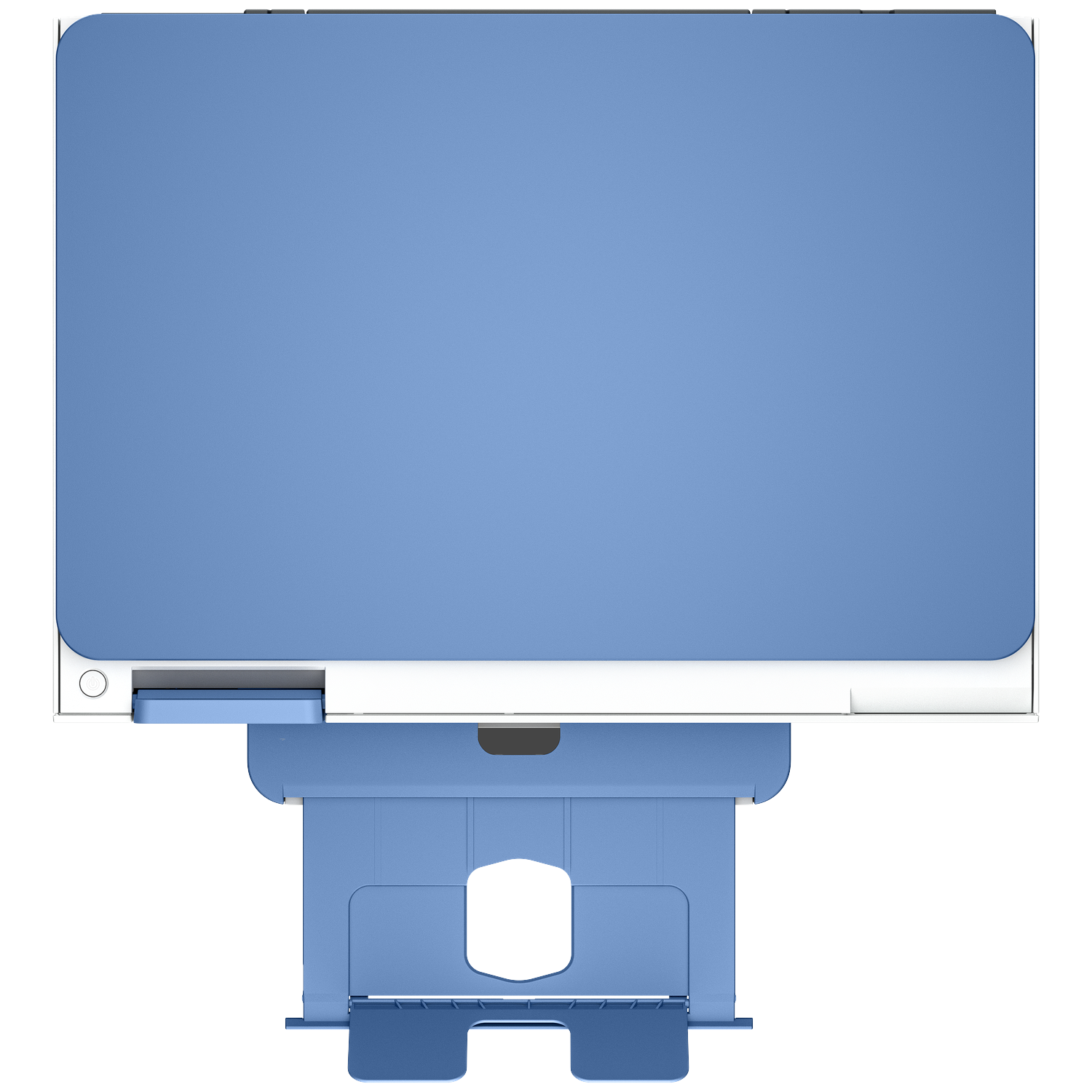 Bovenaanzicht van een blauw-witte printer. Onderaan een papierlade, en de bovenkant is een groot blauw oppervlak.