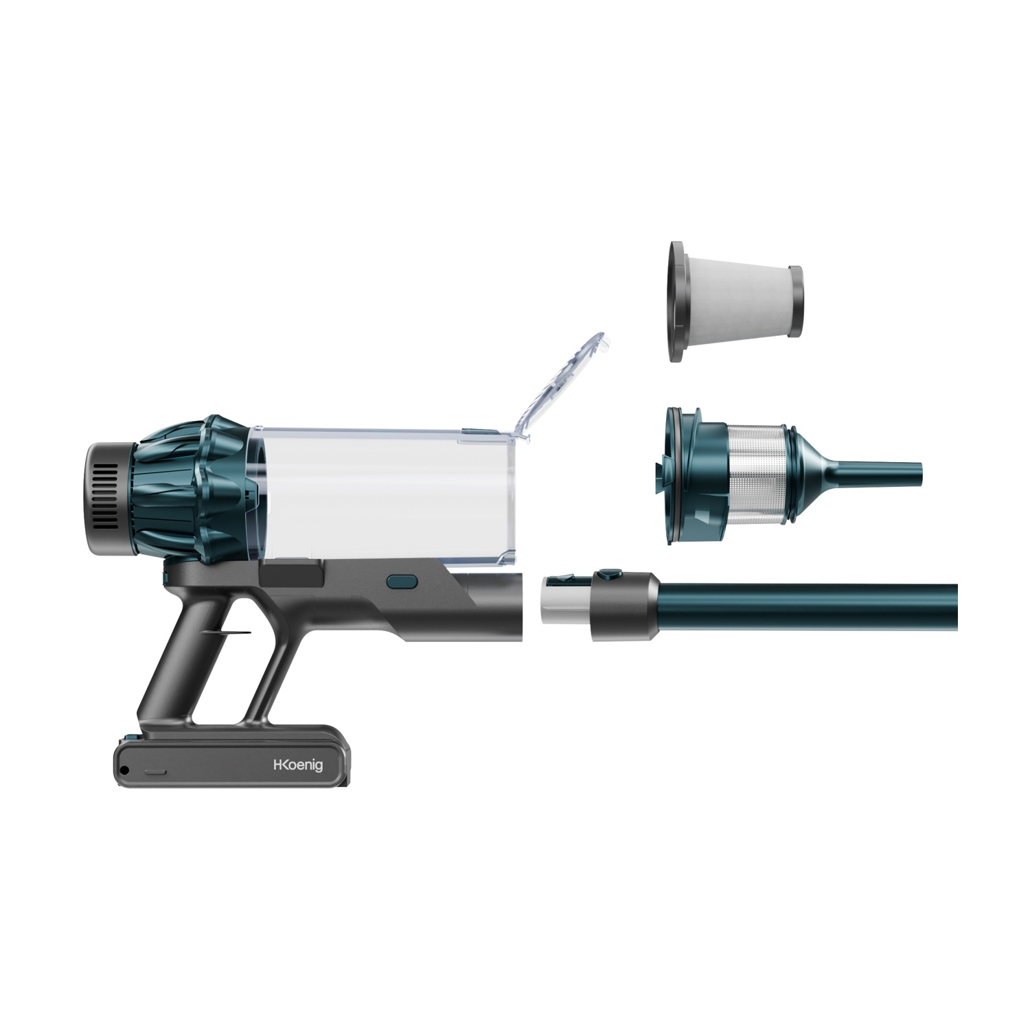 Aspirapolvere cordless smontato, verde acqua e grigio, con parti disposte. Include corpo principale, filtro e asta di prolunga.