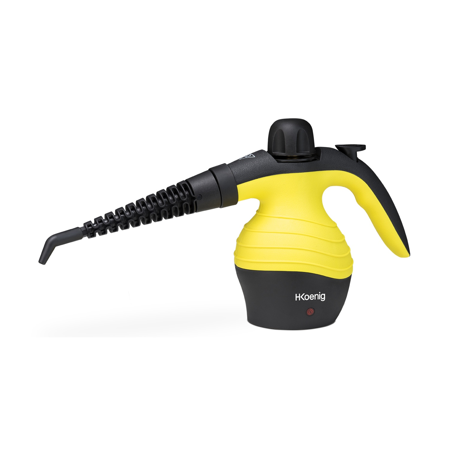 Un pulitore a vapore giallo e nero. Ha un ugello lungo e un'impugnatura. Il marchio è HKoenig.