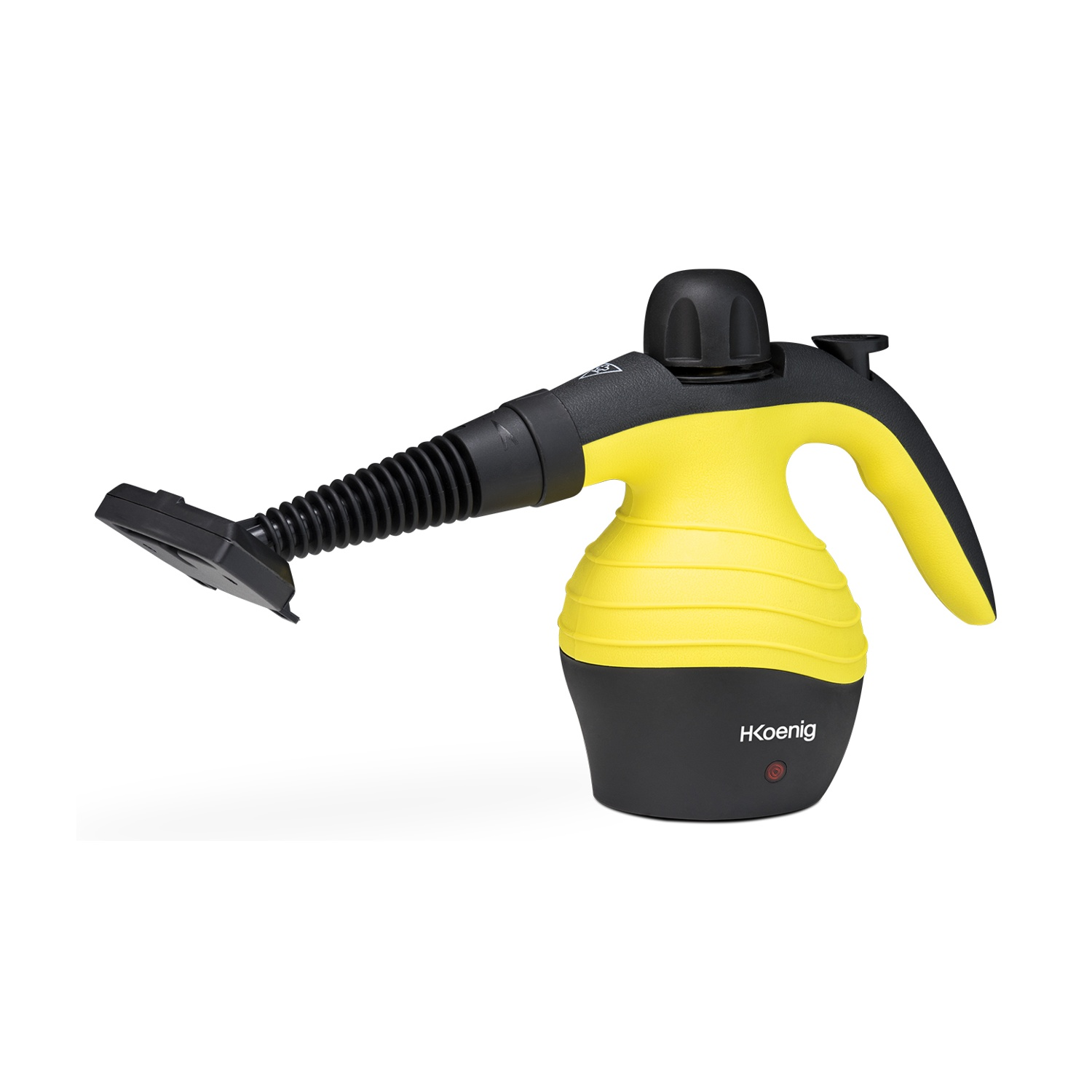 Un pulitore a vapore giallo e nero, inclinato a sinistra, con il marchio HKoenig. Lo sfondo è bianco.