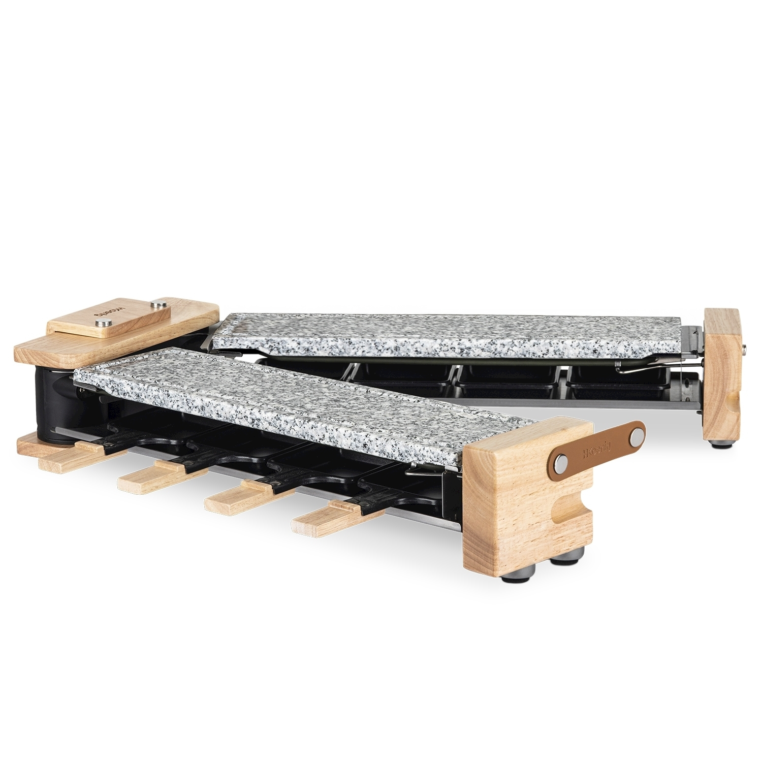 Una griglia per raclette con piani cottura in granito e finiture in legno. Ha due livelli per riscaldare formaggio e altri alimenti.