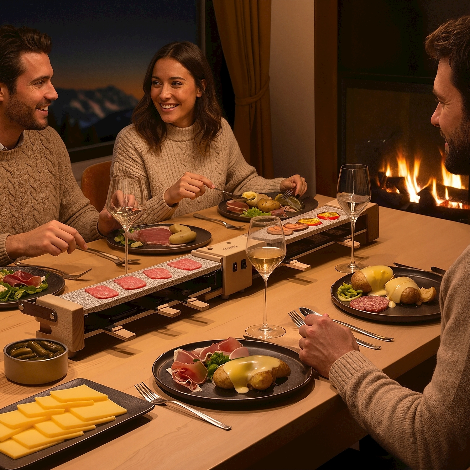 Quattro persone gustano un pasto attorno a un tavolo di legno. C'è una griglia per raclette, piatti, calici e un camino sullo sfondo.