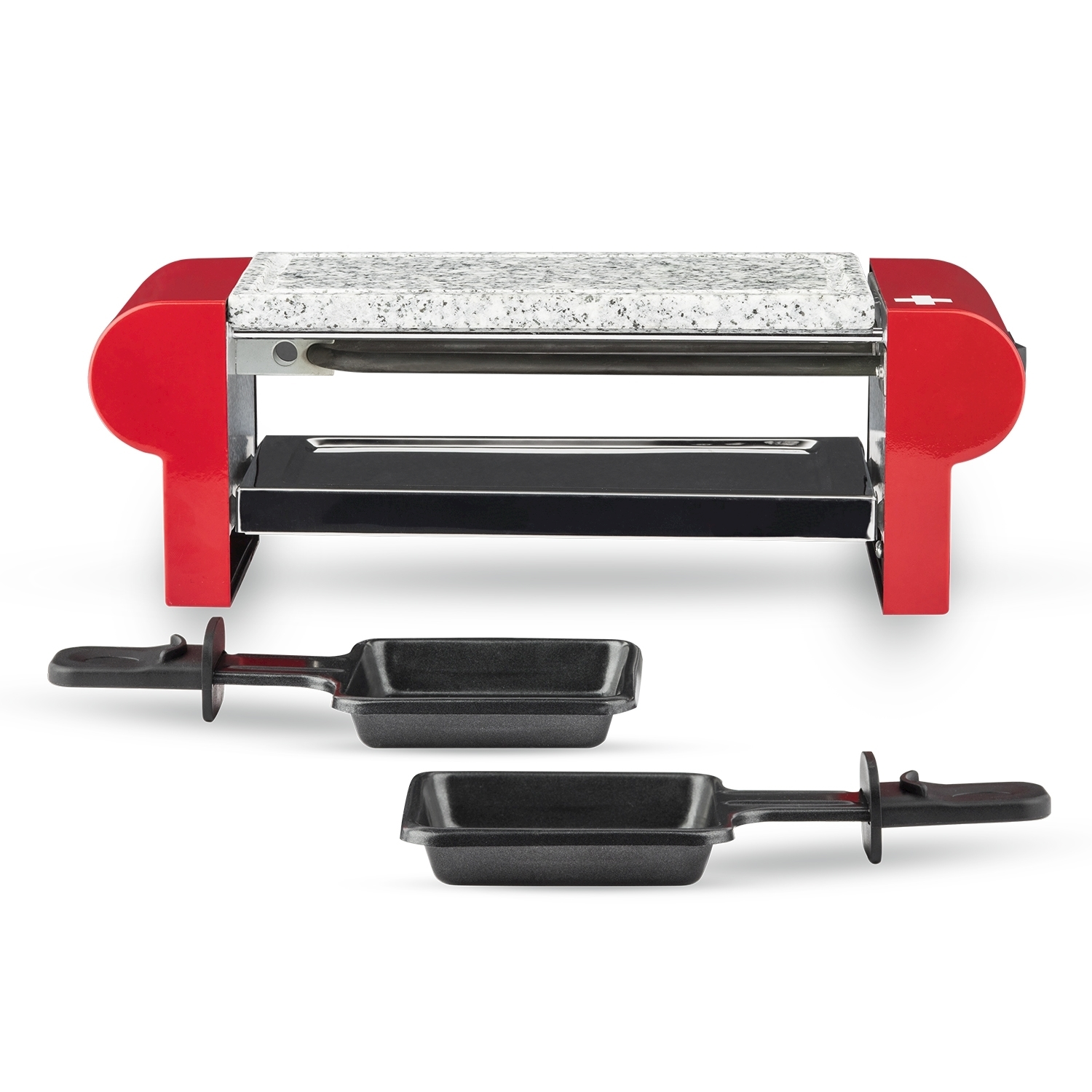 Grill per raclette con telaio rosso, piano in granito e padelle nere. Due padelle in primo piano.