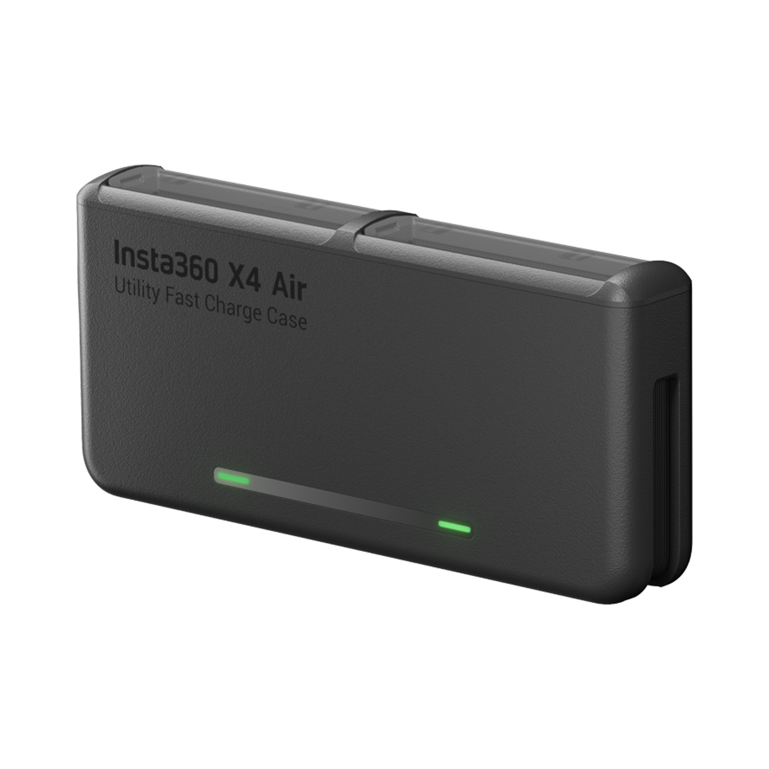 È mostrata una custodia nera Insta360 X4 Air Utility Fast Charge. Ha un indicatore luminoso verde e un coperchio trasparente.