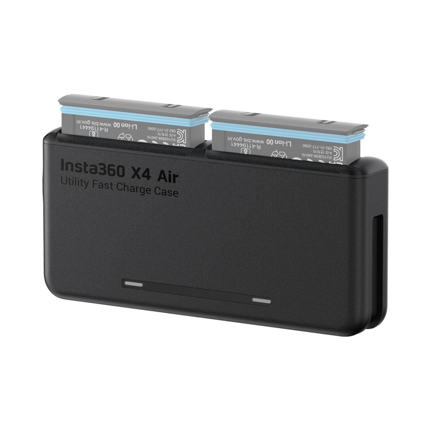 Una custodia nera Insta360 X4 Air Utility Fast Charge Case con due batterie all'interno. Le batterie sono grigie, nere e blu.