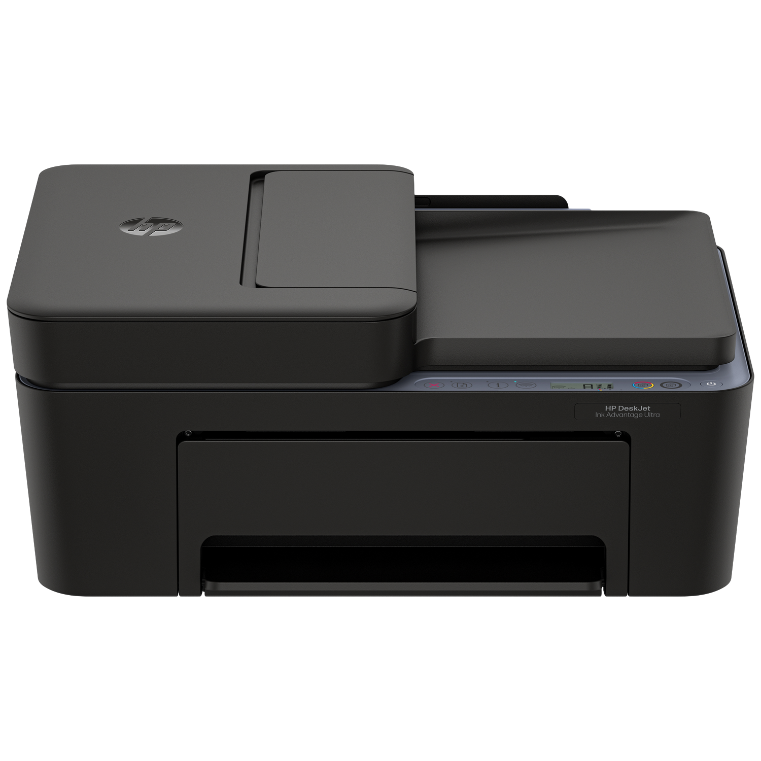 A black HP DeskJet Ink Advantage Ultra printer is shown. The printer has a scanner lid, control panel, and paper tray.