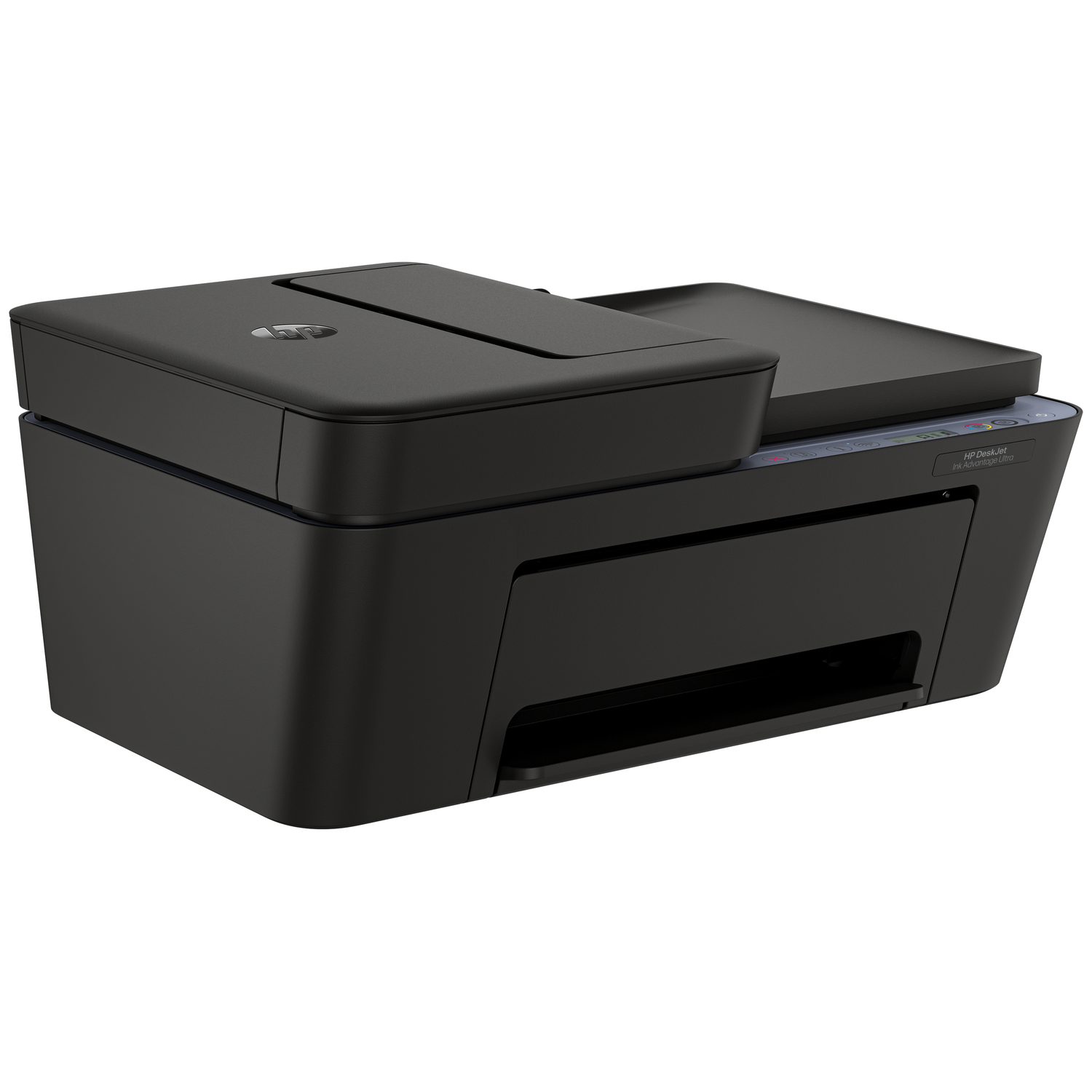 A black HP DeskJet printer on a white background. The printer has a scanner and a paper output tray.