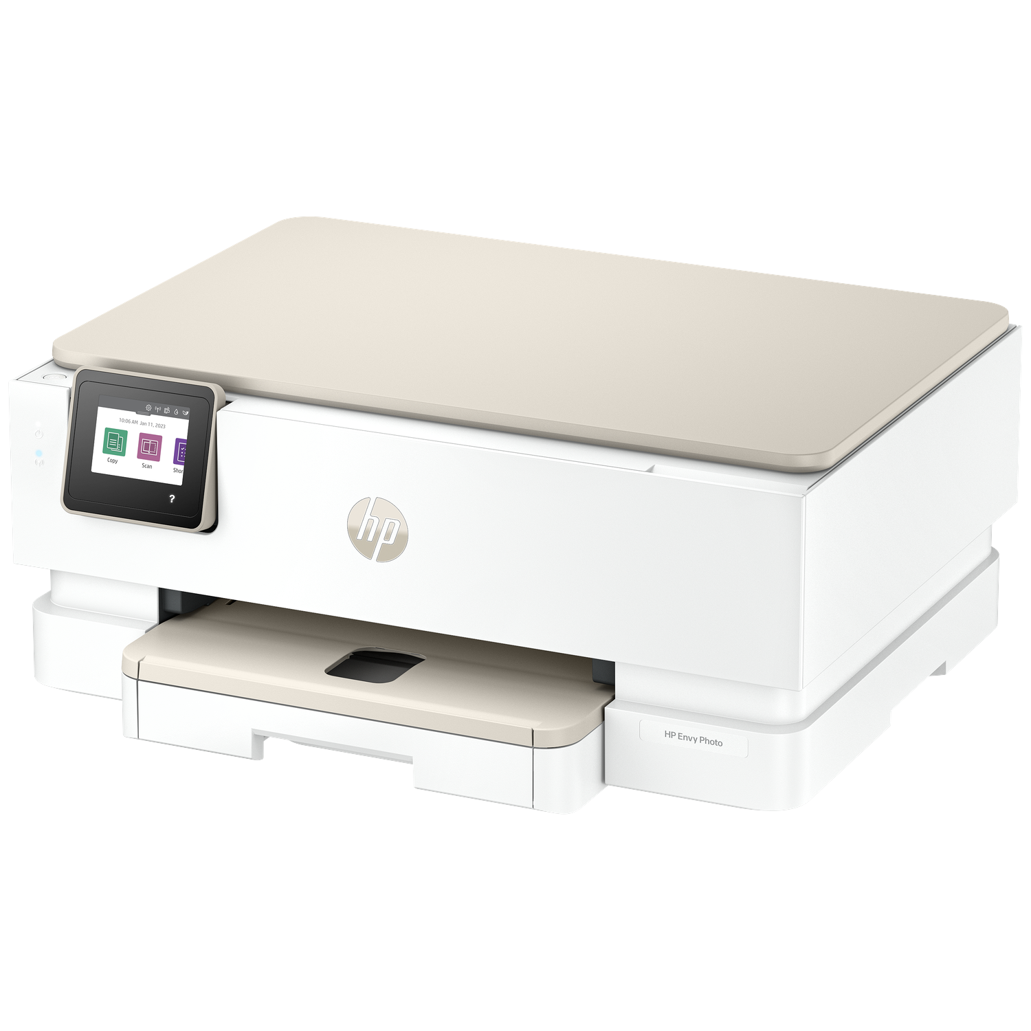 Une imprimante HP Envy Photo, blanche avec des accents beiges. Elle a un écran tactile et un bac à papier.