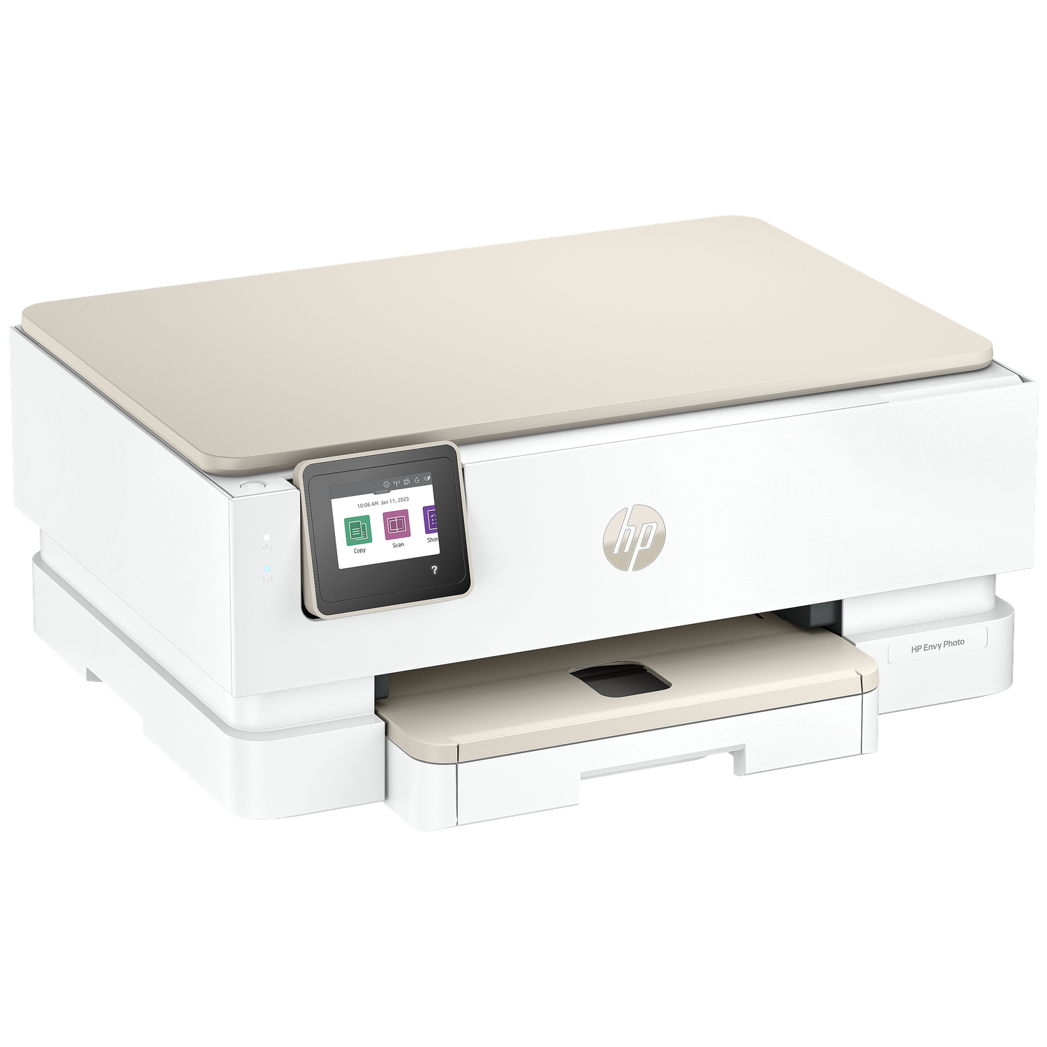 Une imprimante HP Envy Photo. Corps blanc avec dessus et bac à papier beige. Écran tactile. Logo HP en haut à droite.