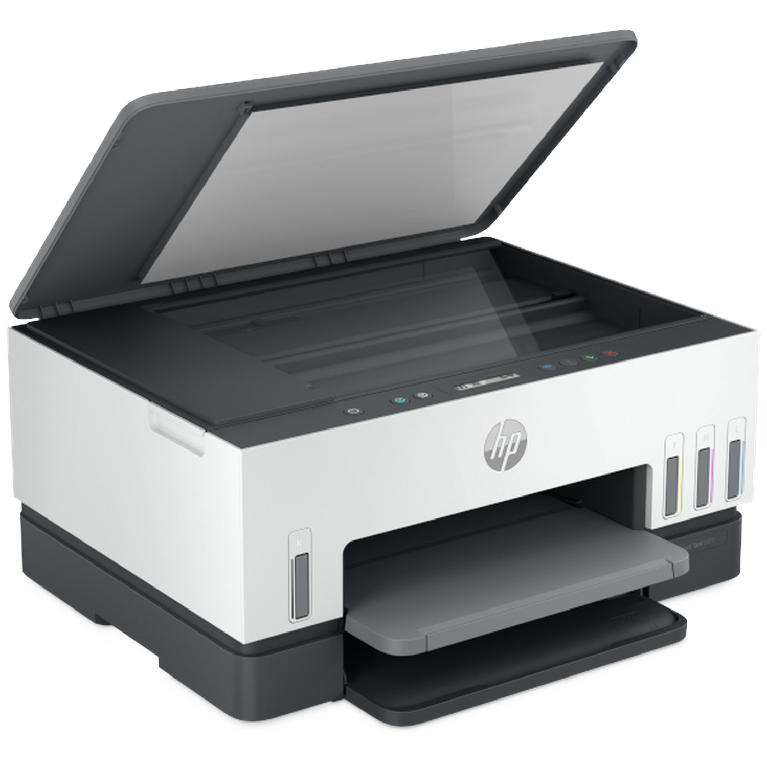Une imprimante HP avec le dessus ouvert. Elle est blanche et grise, avec des réservoirs d'encre visibles et un bac à papier déployé.