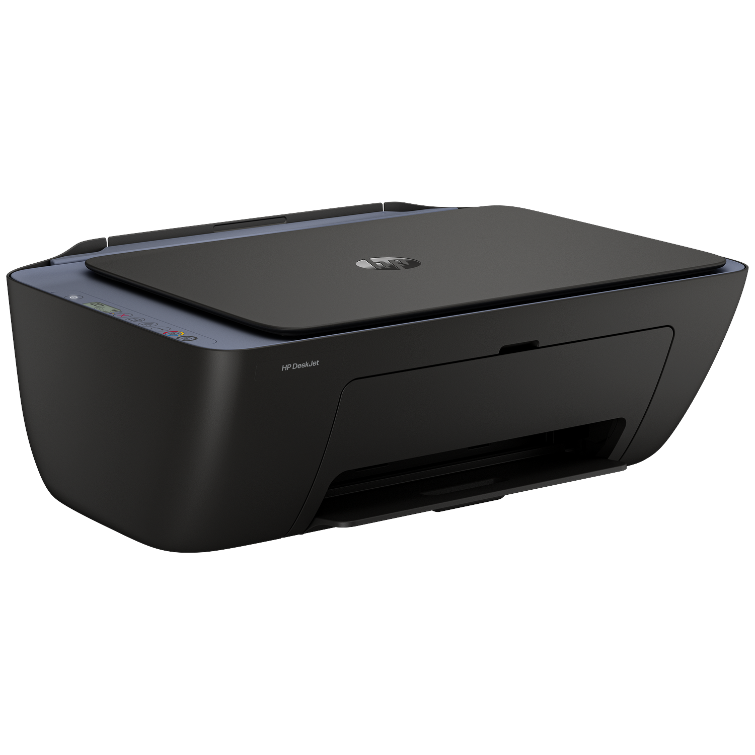 Een zwarte HP DeskJet printer op een witte achtergrond. Hij heeft een platte bovenkant, een papierlade en het HP-logo.