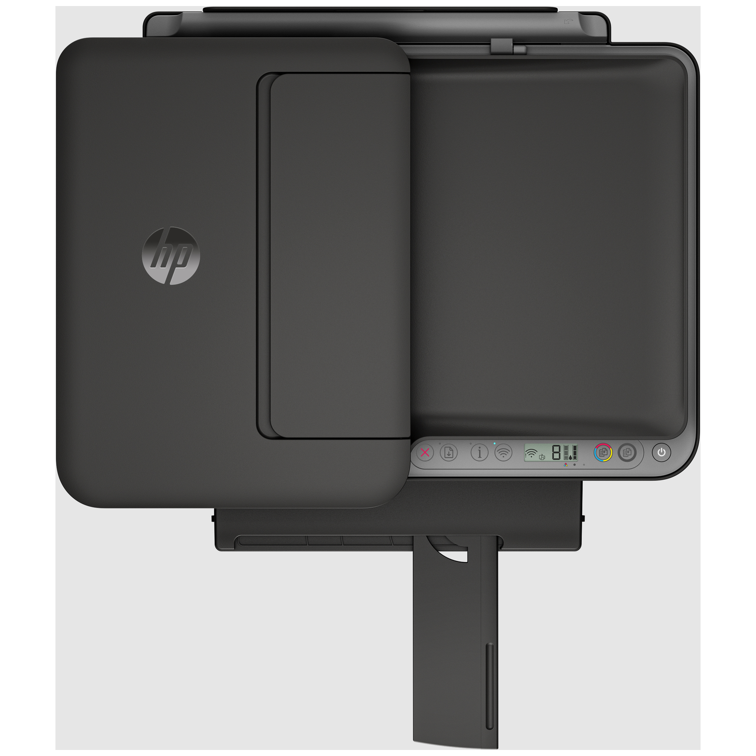 Vue de dessus d'une imprimante HP noire. Elle possède un scanner, un panneau de commande avec icônes et un bac de sortie papier.