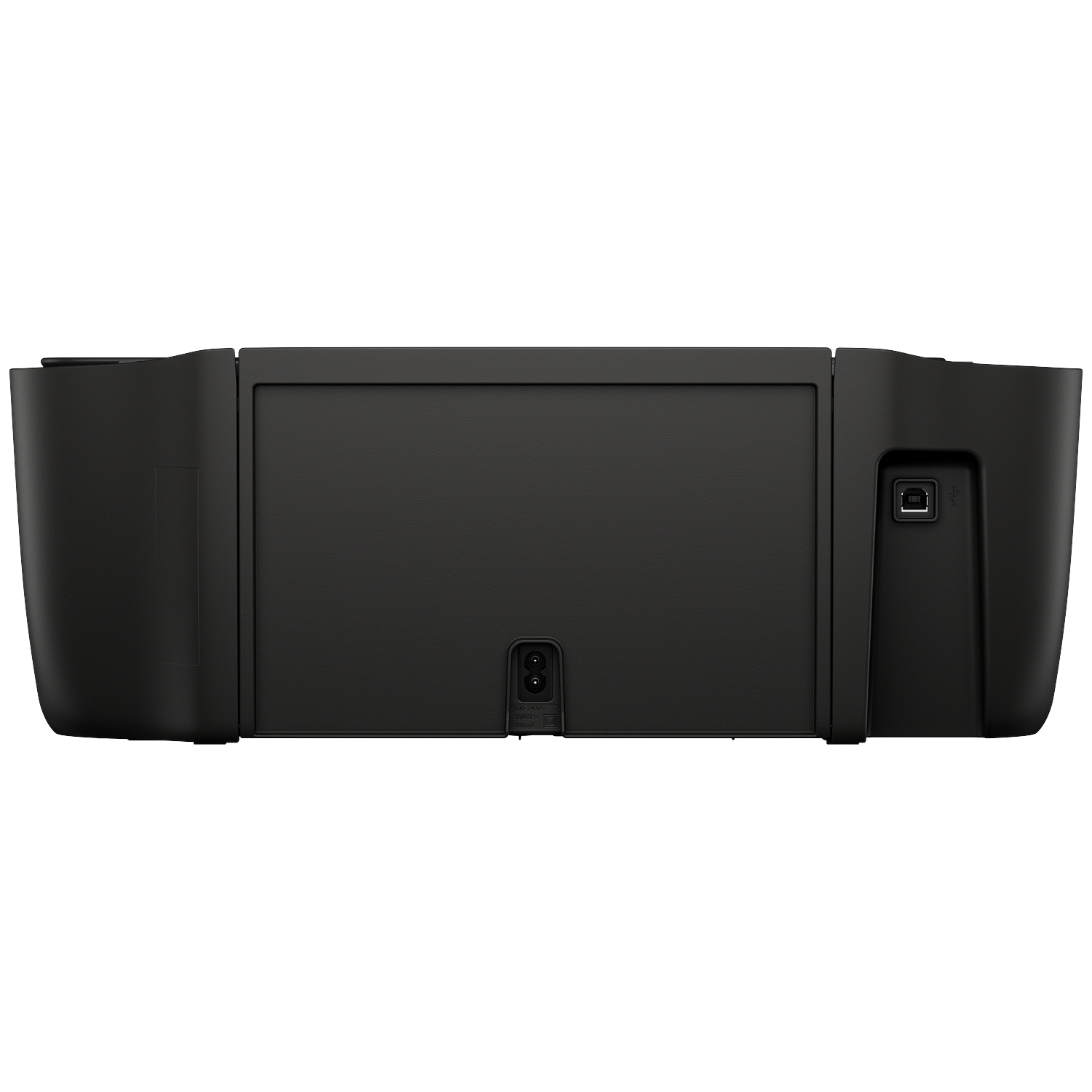 De achterkant van een zwarte printer wordt getoond. Het heeft een voedingspoort, een USB-poort en een groot, plat oppervlak. De achtergrond is wit.