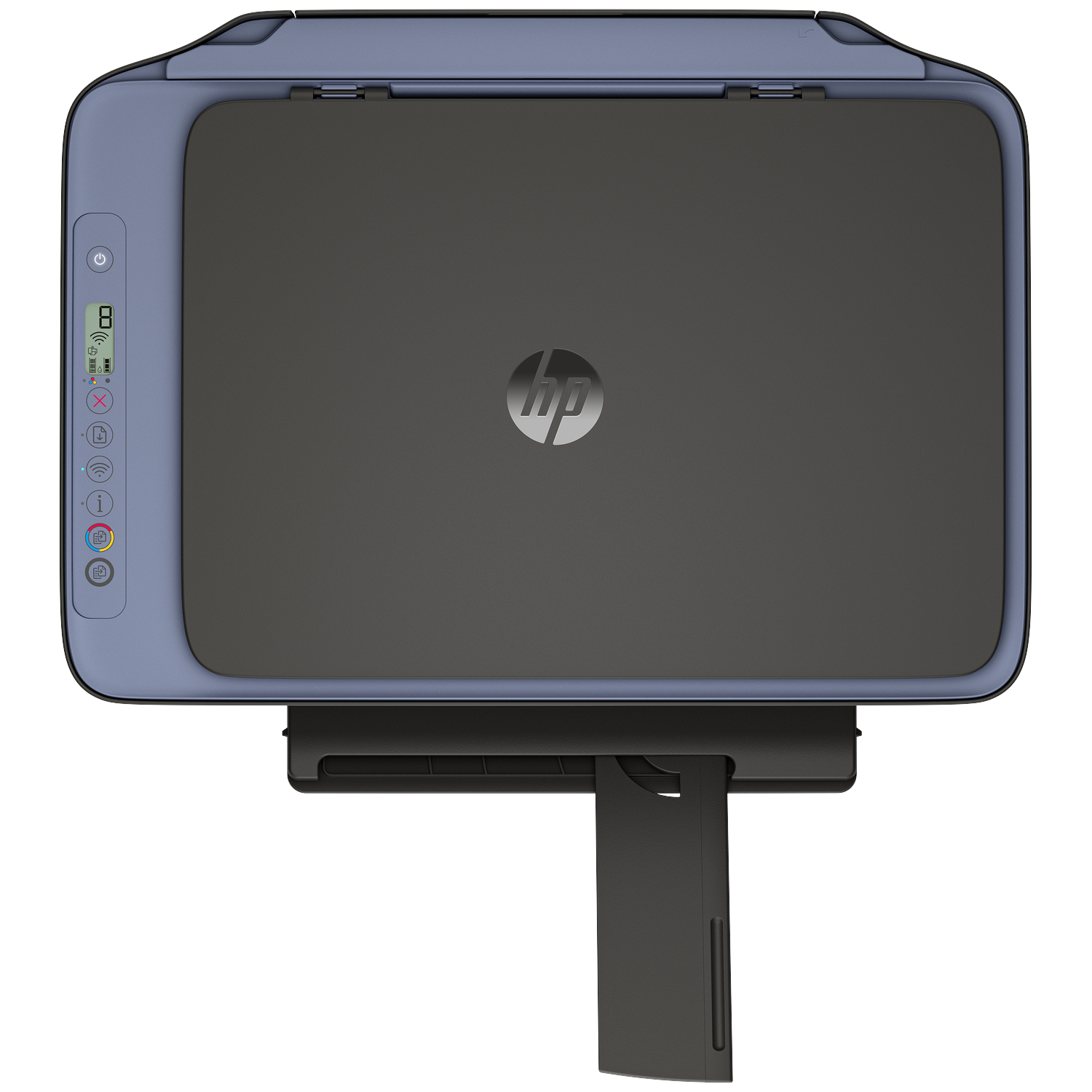 Bovenaanzicht van een HP-printer. Het heeft een blauw frame en een zwarte bovenkant. Het HP-logo is zichtbaar. De papierlade is uitgeschoven.