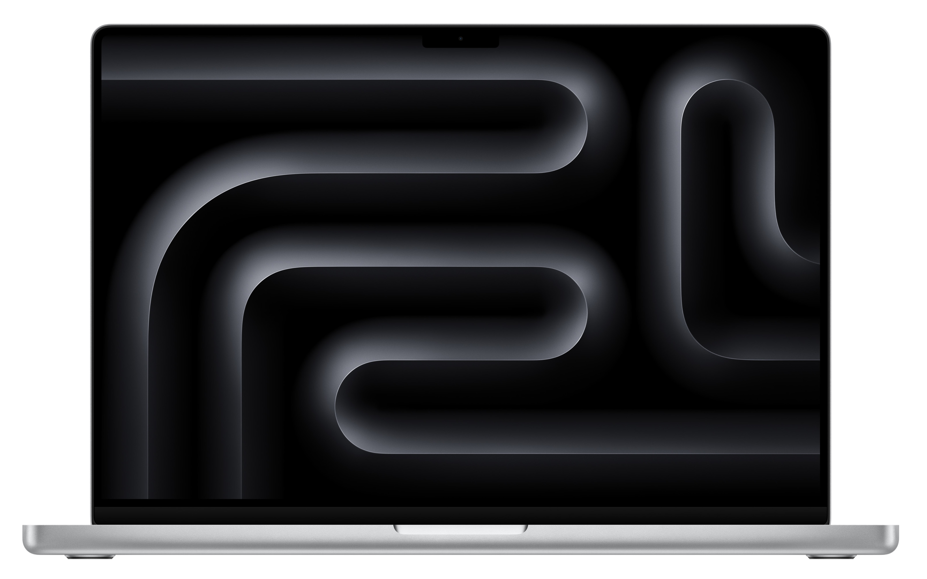 Srebrny laptop z czarnym ekranem wyświetlającym zakrzywione, szare i czarne geometryczne kształty na czarnym tle.