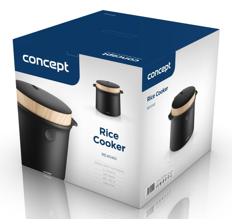 Pokazano pudełko po urządzeniu do gotowania ryżu. Jest białe i niebieskie z marką "concept". Urządzenie do gotowania ryżu jest czarne z drewnianą pokrywą.