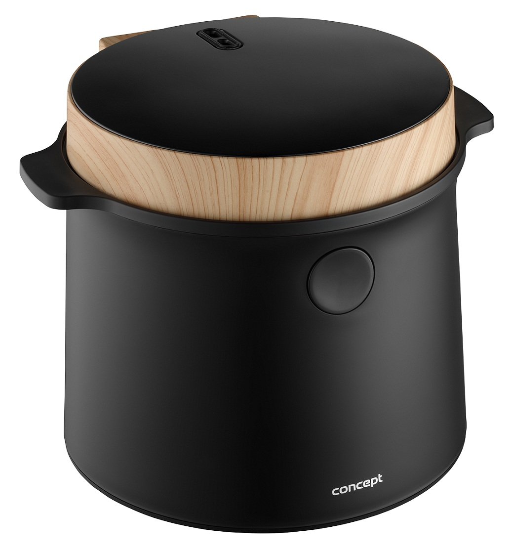 Czarny garnek do gotowania z drewnianą obręczą i pokrywką. Przycisk z boku, z nazwą marki 'concept' u podstawy.