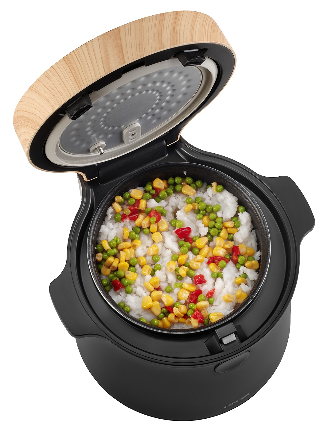 Otwarty garnek do gotowania ryżu z ryżem, kukurydzą, groszkiem i czerwoną papryką. Drewniana pokrywa, czarna podstawa. Logo Concept.