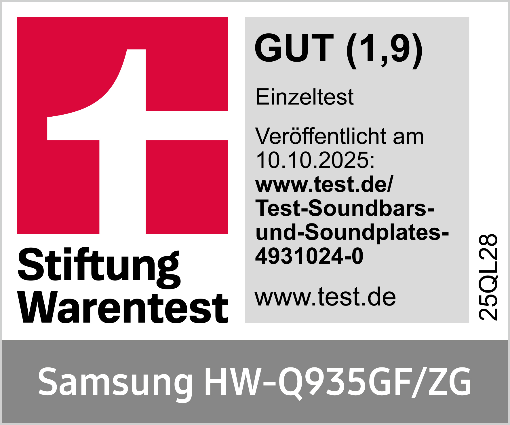 Das Bild zeigt ein rot-weißes Logo mit dem Text 'Stiftung Warentest', die Bewertung 'GUT (1,9)' und Produktinformationen.