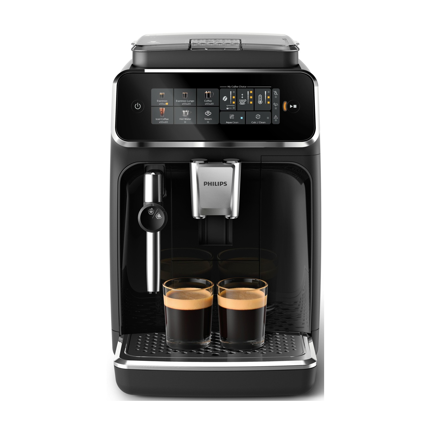 Una macchina per caffè espresso Philips nera con due bicchieri di caffè. Ha un display digitale e vari pulsanti funzione.