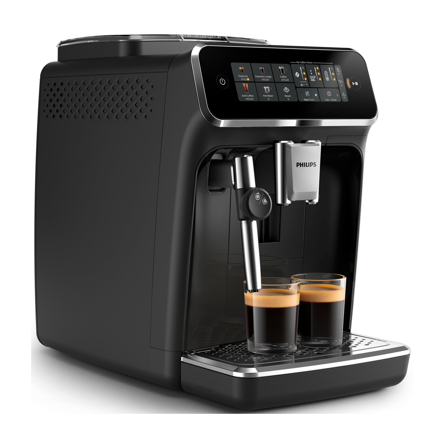 Una macchina per espresso Philips nera con due bicchieri di caffè. La macchina ha un display digitale e vari pulsanti funzione.