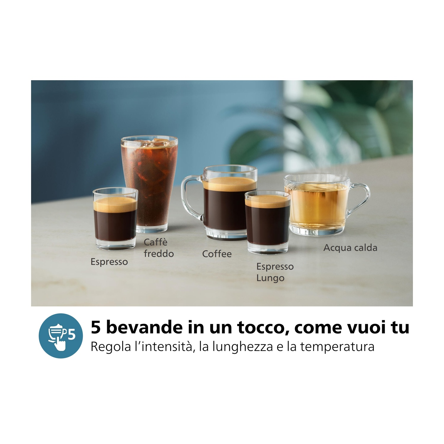 L'immagine mostra cinque diverse bevande al caffè: espresso, caffè freddo, caffè, espresso lungo e acqua calda. Il testo dice '5 bevande'.