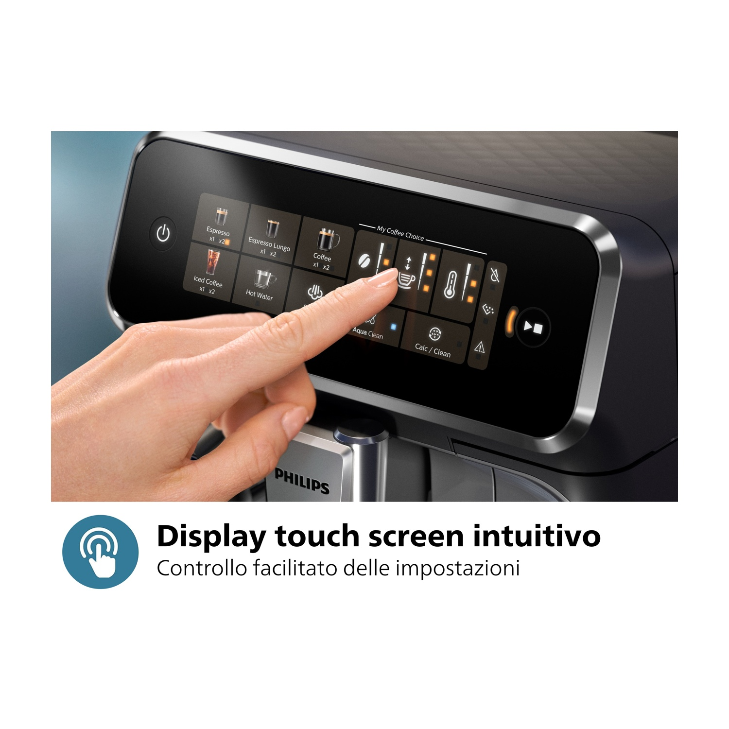 Una mano tocca il touchscreen di una macchina da caffè. Lo schermo mostra opzioni come espresso, lungo e caffè. Il logo Philips è visibile.