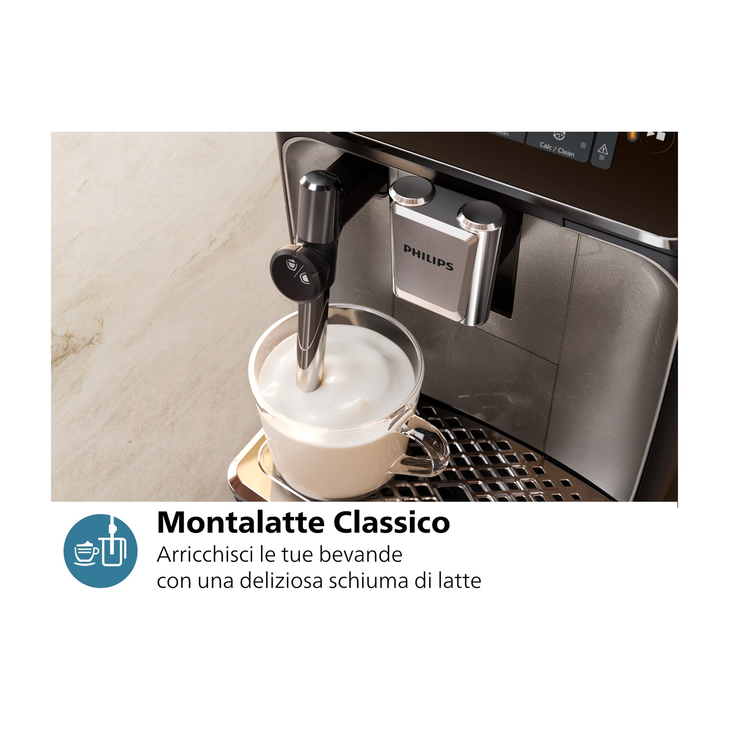 Una macchina da caffè monta il latte in una tazza di vetro. La macchina ha un logo Philips. Il testo dice 'Montalatte classico'.