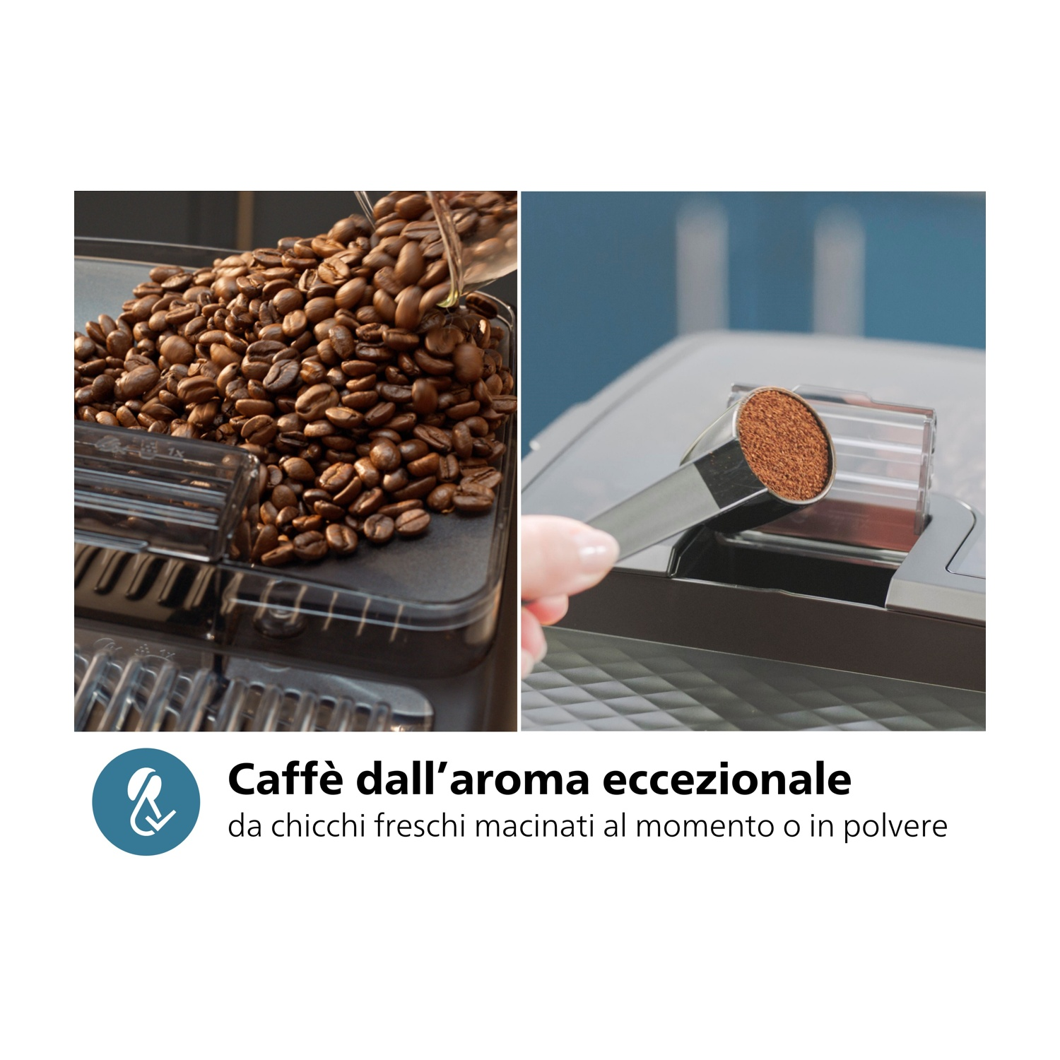 L'immagine mostra chicchi di caffè versati in una macchina e caffè macinato in un misurino. Il testo dice: Caffè dall'aroma eccezionale.