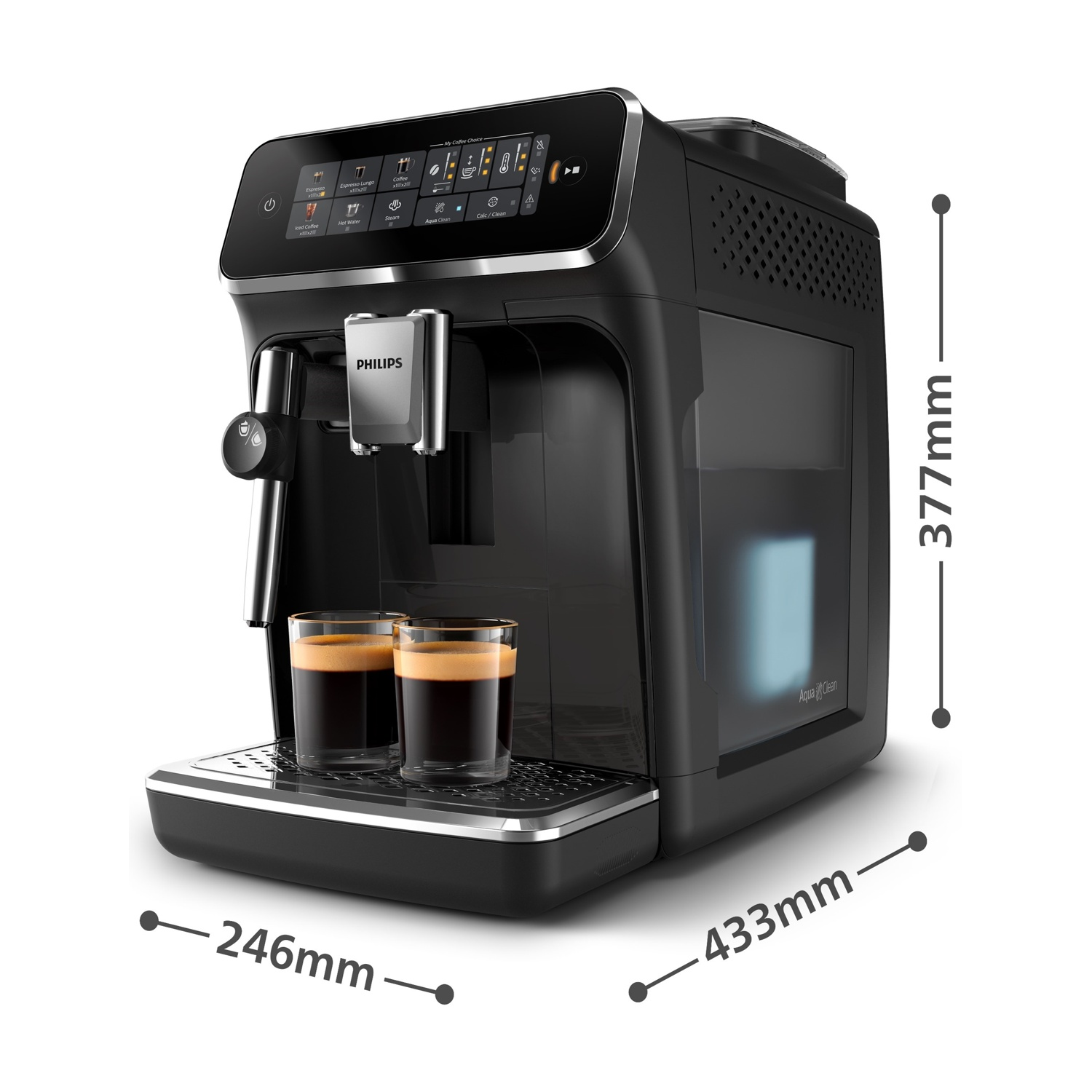 Macchina espresso Philips nera con due bicchieri di caffè. Dimensioni: 246mm x 433mm x 377mm. Con touchscreen e Aqua Clean.