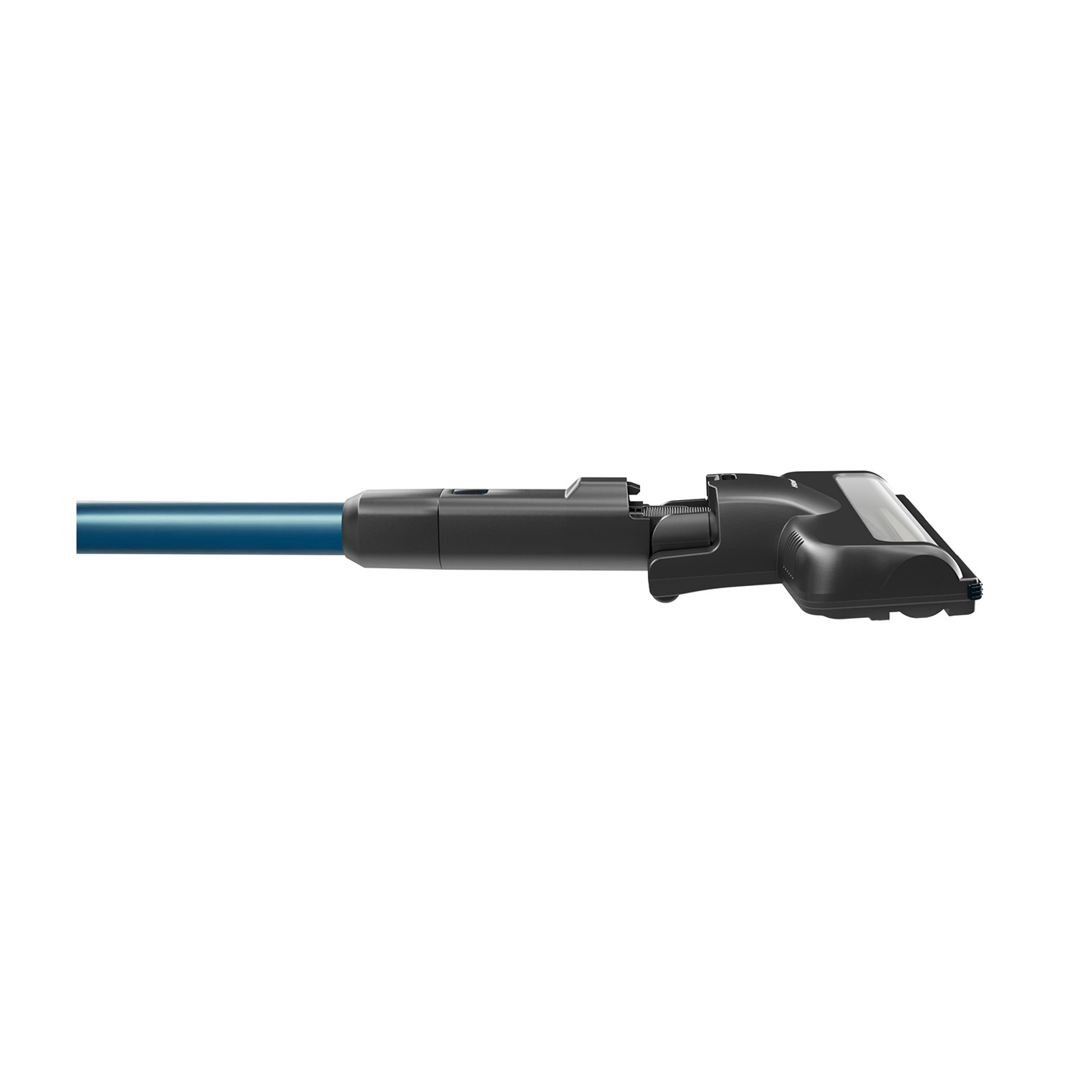 Una testina per aspirapolvere nera con un tubo di prolunga blu, su sfondo bianco.