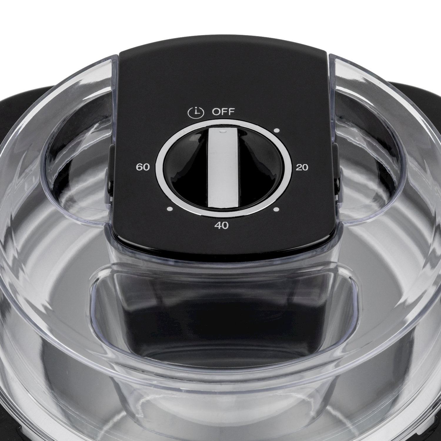Primo piano di un elettrodomestico nero e trasparente con un quadrante del timer. Il quadrante mostra i numeri 20, 40 e 60, con un'impostazione di spegnimento.