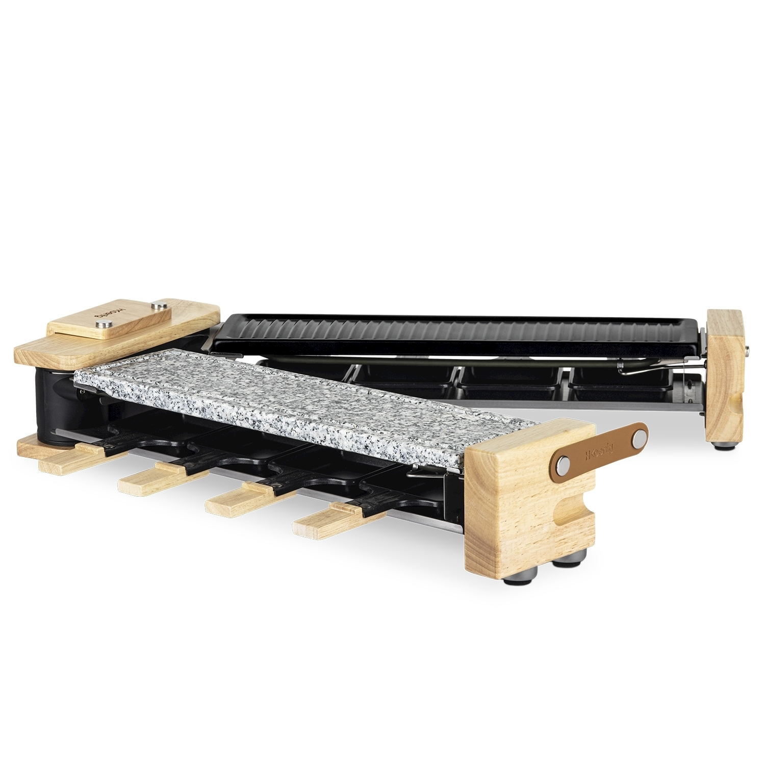 Griglia per raclette con pietra di granito e dettagli in legno. Ha una parte superiore della griglia nera e porta formaggio in legno.