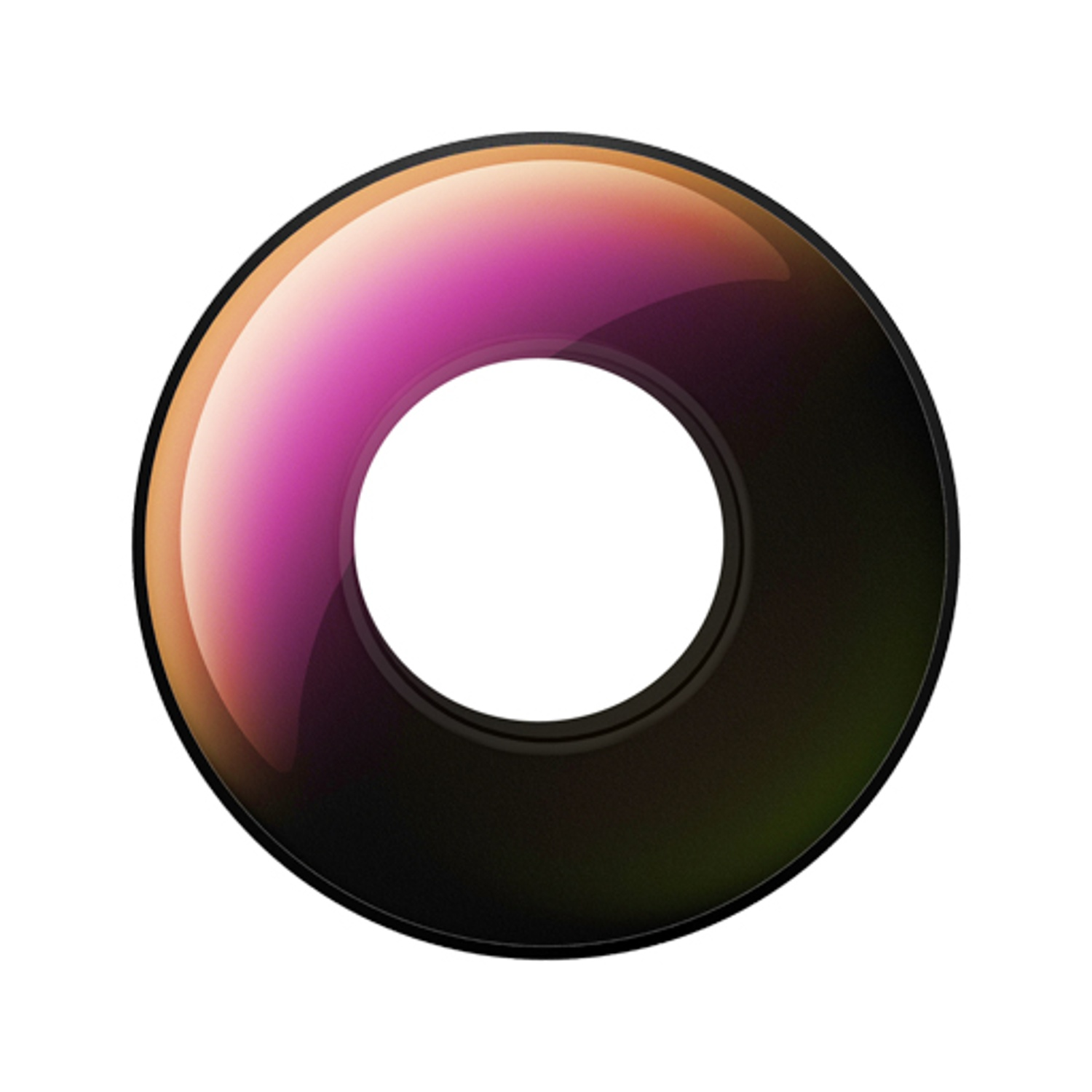 Un anello lucido con un foro al centro. L'anello passa dal rosa al nero. Lo sfondo è bianco.
