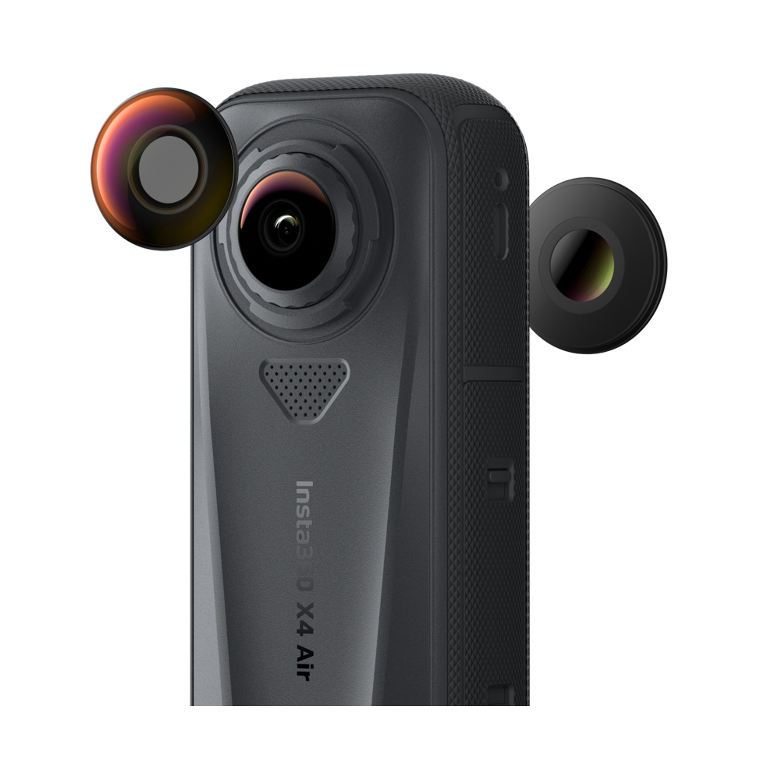 Fotocamera Insta360 X4 Air nera con due obiettivi staccati. La fotocamera ha un obiettivo centrale e il nome è stampato sopra.