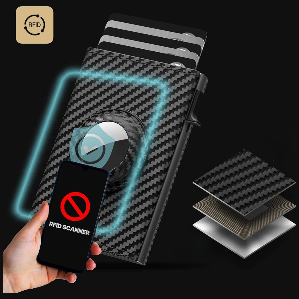 Wyświetlany jest portfel z fakturą z włókna węglowego, telefon pokazuje zablokowany skaner RFID, karty i warstwy materiału.