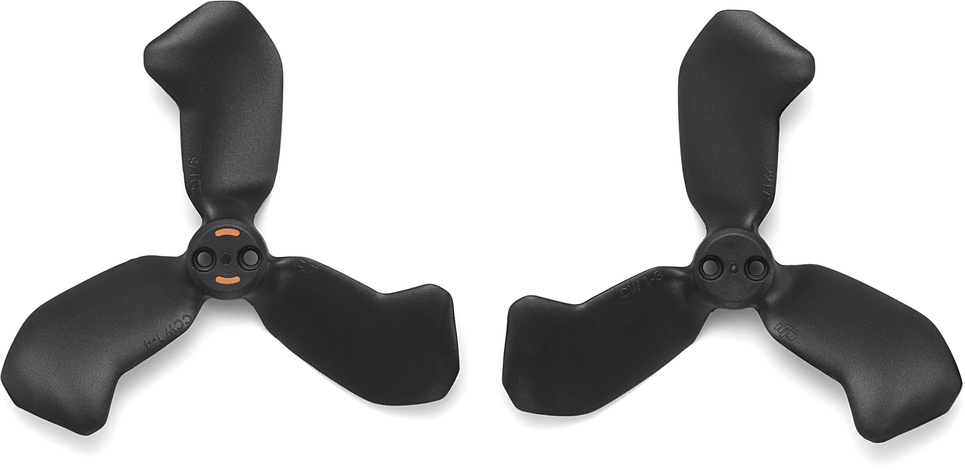 Deux hélices de drone noires sur fond blanc. Chacune a trois pales et un détail central orange.