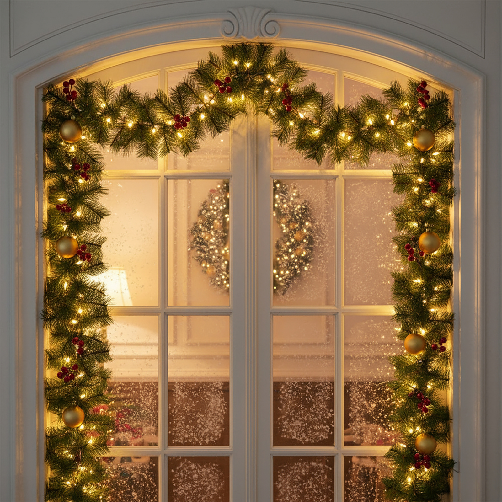 Egy díszített ajtó füzérrel, lámpákkal, bogyókkal és díszekkel. A fagyos üvegen át koszorúk láthatók.