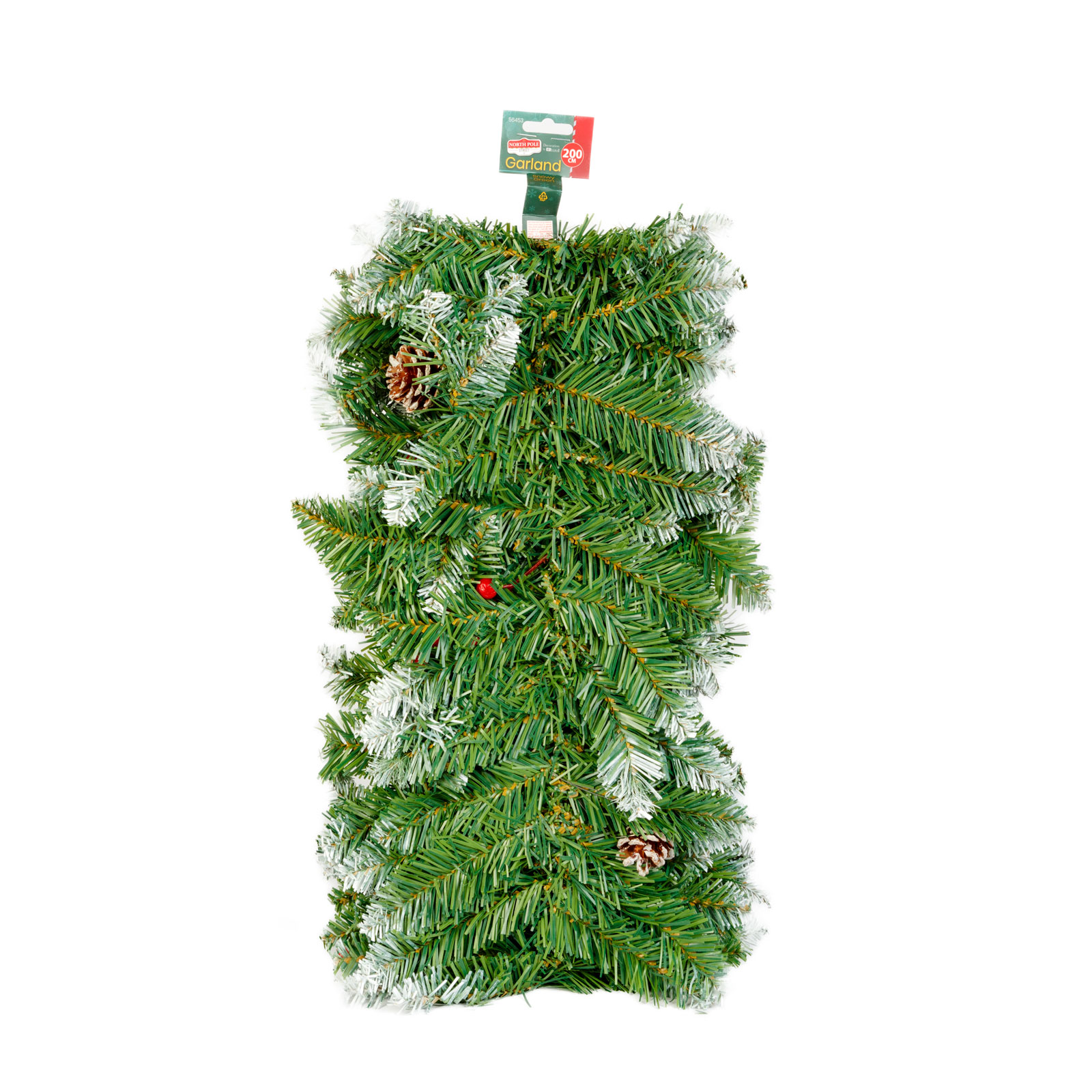 Zöld füzér fehér díszítéssel, tobozokkal és piros bogyókkal, fehér háttér előtt.