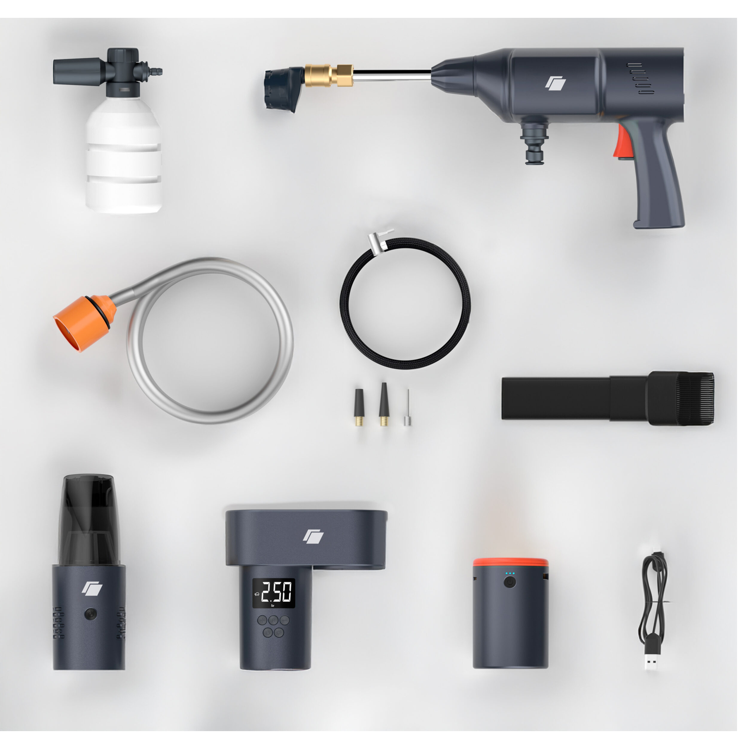 Various car washing tools, including a pressure washer, foam sprayer, hose, and air pump, are arranged on a white background.