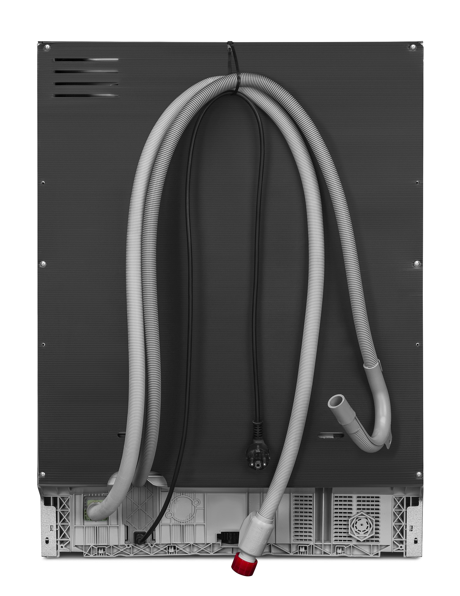 Rückseite eines Geschirrspülers. Graue, wellenförmige Rückwand mit Schläuchen, Netzkabel und roter Kappe.