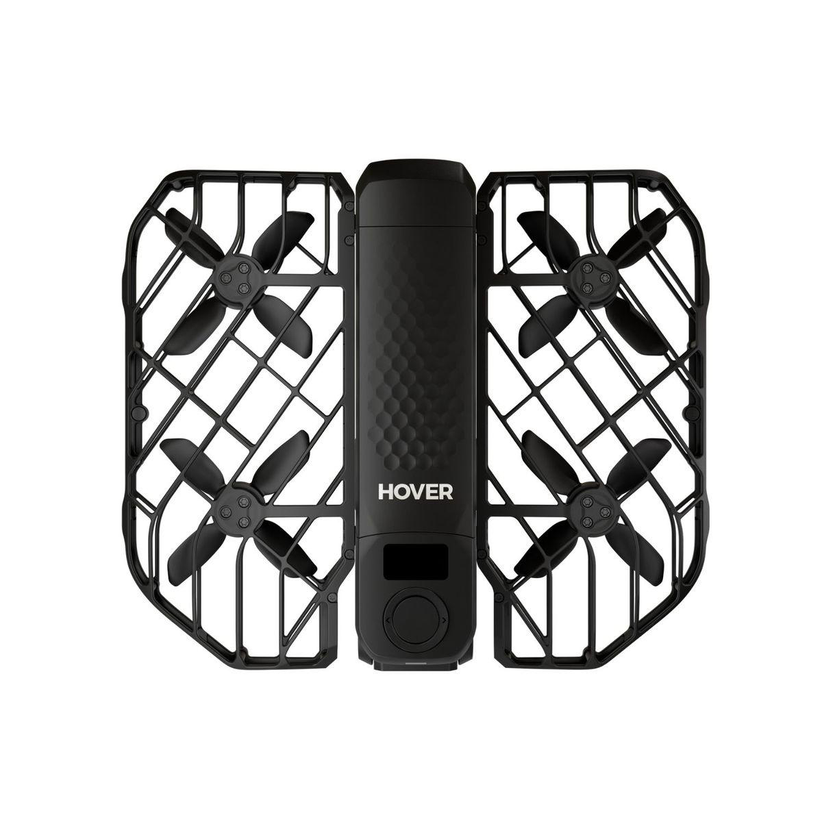 Schwarze Drohne mit Propellern und Schutzgitter, das Wort HOVER ist sichtbar. Der Hintergrund ist weiß.